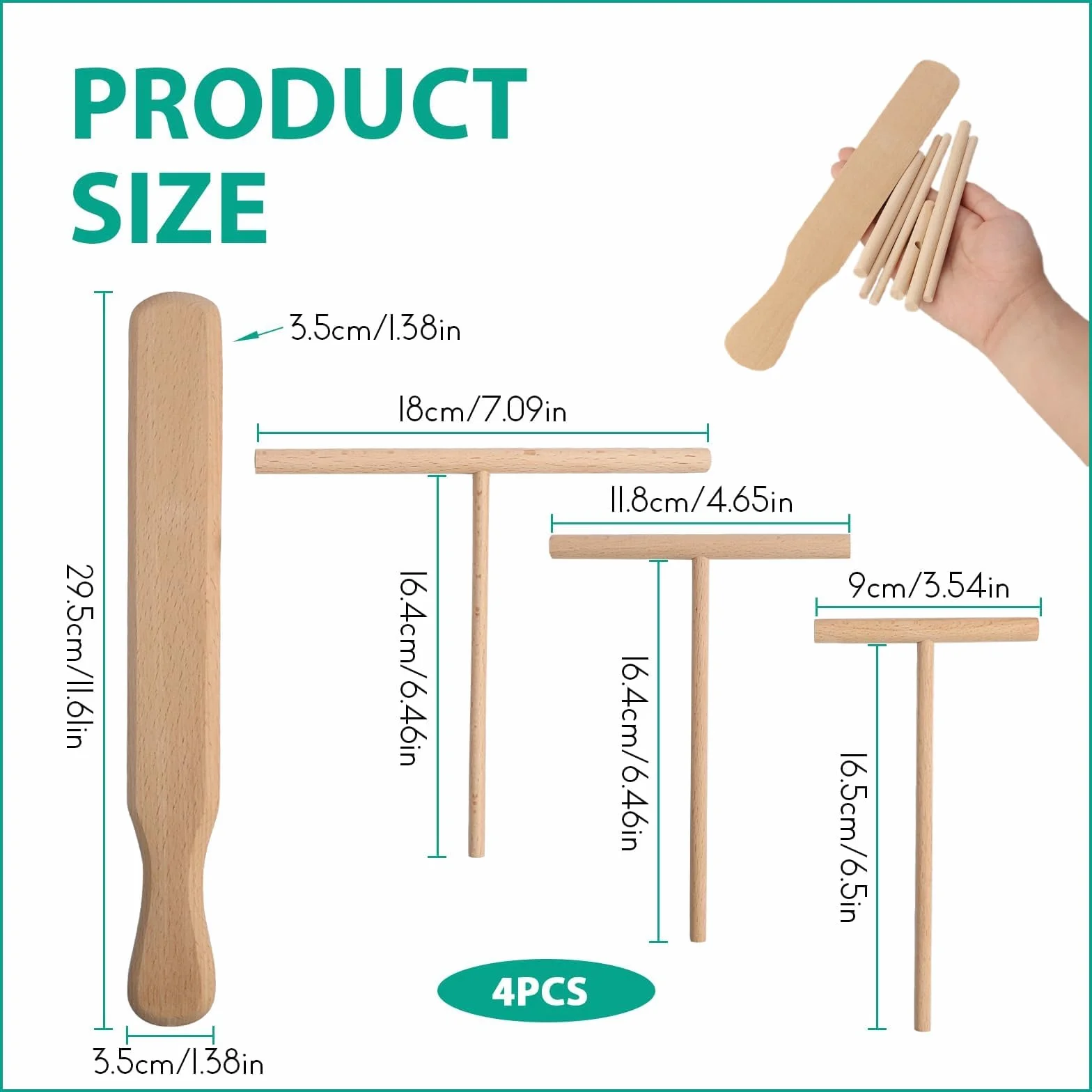 Set de spatules et d'étaleurs de crêpes - set de 4, bois naturel, ustensile de cuisine pour étaler et retourner les crêpes, pratique, spatule de 30 cm de long - lavable au lave-vaisselle