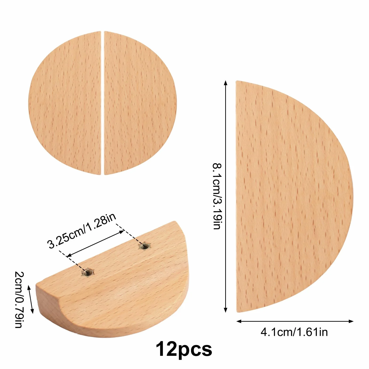 MOROBOR 12 maniglie per cassetti a forma di mezzaluna in legno di faggio semirotondo per armadietto, cassetto, hardware, maniglia a doppio foro per cassetti