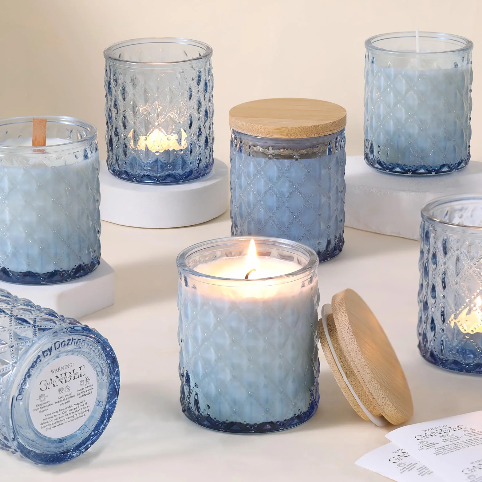 LETINE Set di 6 barattoli in vetro blu da 200 ml con coperchio, portacandele da riempire, portacandele per la produzione di candele, adesivi per stoppini di candela, etichette per candele, stoppino