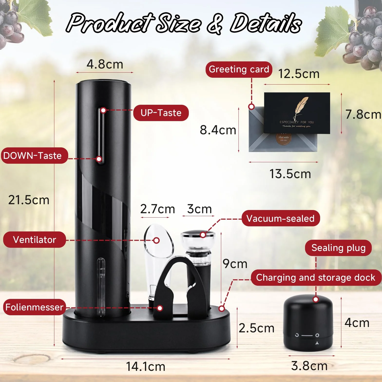 UCAMP 7 in 1 Elettrico Cavatappi Apribottiglie per Vino Professionale Set Regalo Uomo con Apriscatole Elettrico, Tagliafogli, Tappi Sottovuoto, Beccuccio per Versare, Sigillatura, Base di Ricarica