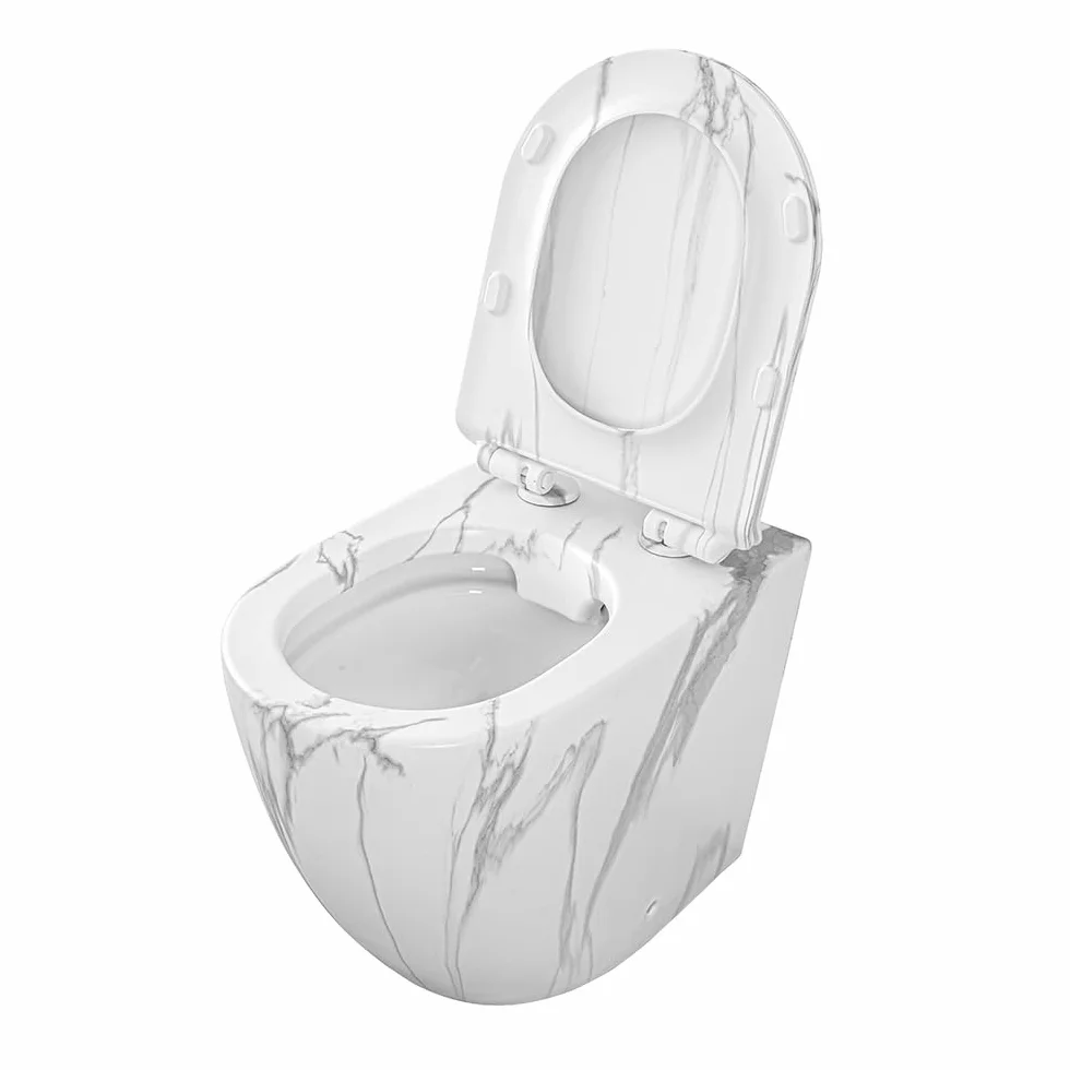 Set Sanitari Filomuro Rimless In Ceramica Con Effetto Marmorizzato Bianco Linea Tokyo, L 36 x P 56 x H 41 Cm, Completo Di Sedile Soft-Close