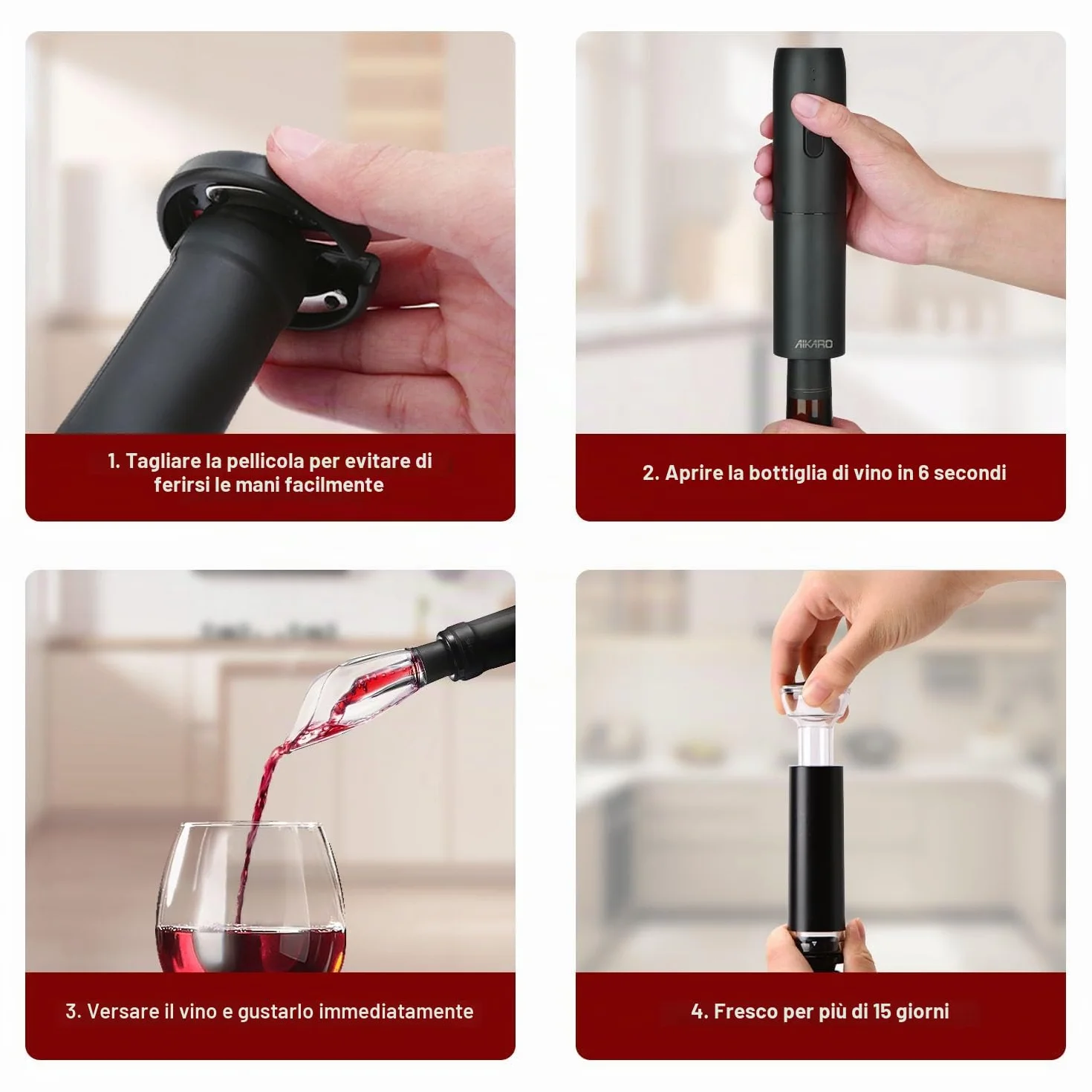 AIKARO - Cavatappi Elettrico Apribottiglie Elettronica Automatico per Vino, Ricaricabile (Set C)