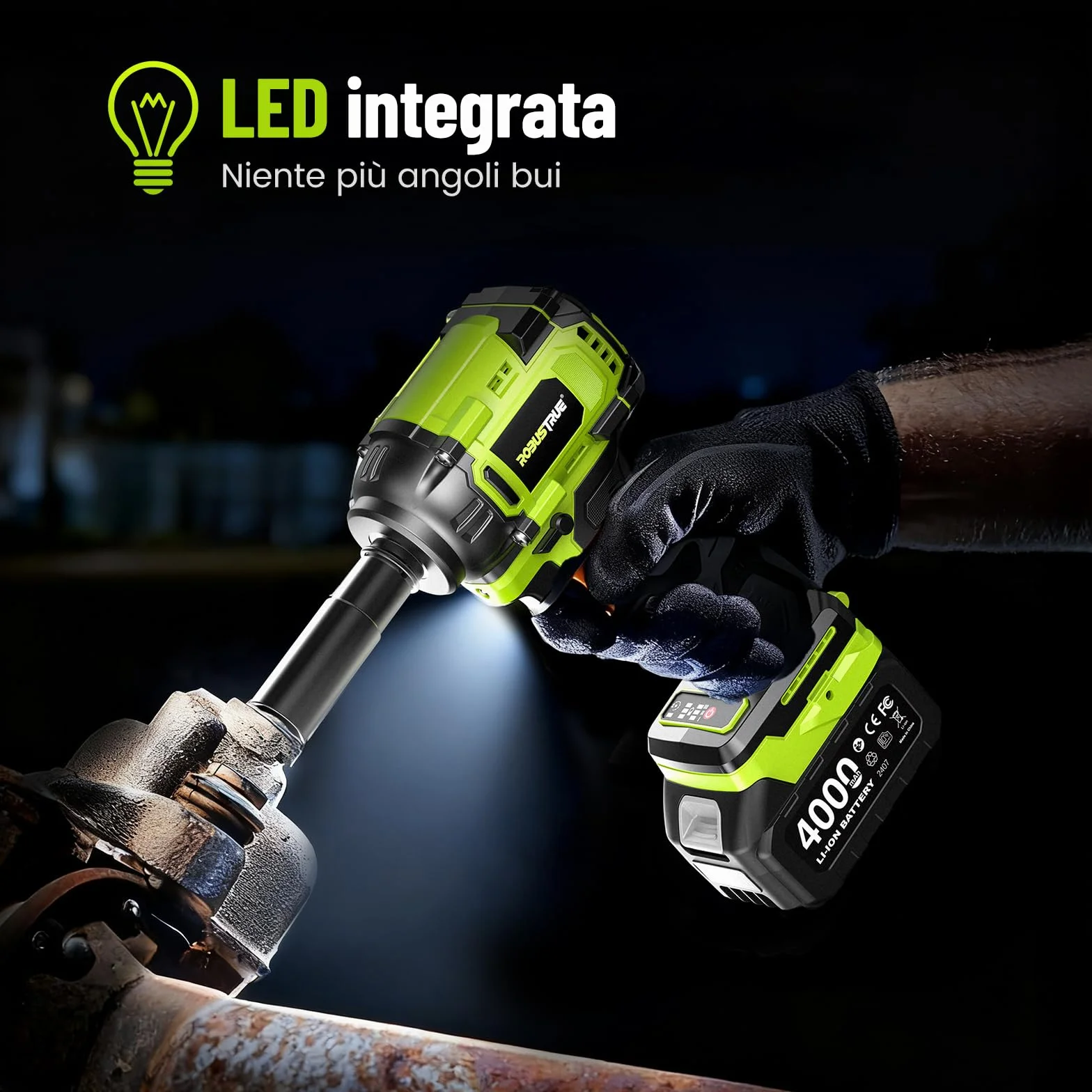 Robustrue Avvitatore a impulsi a batteria 1/2" 800 N·m brushless 2800 giri/min 2 batterie 4,0Ah 4 bussole