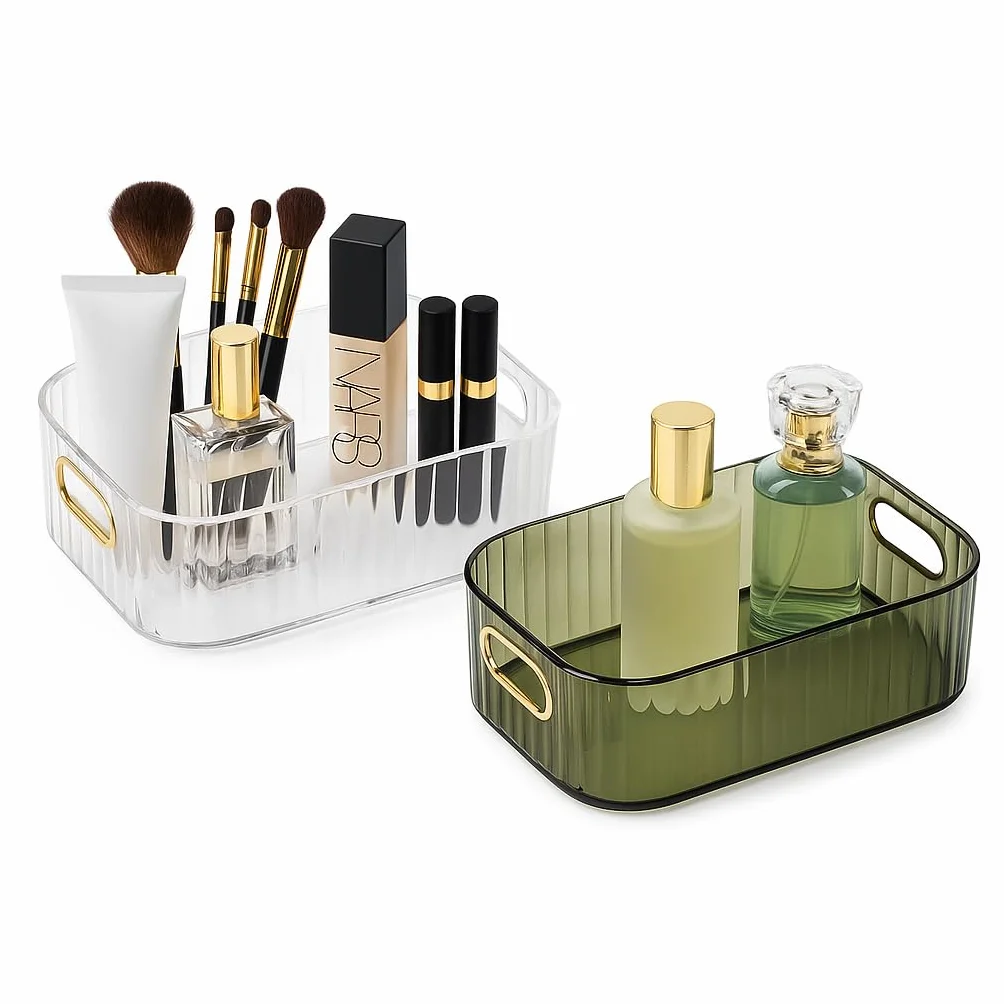 Esila Cestini Portaoggetti in Plastica, 2 Pezzi Organizer con Manici Dorati, Scatole Portaoggetti Trasparente e Verde, Ideale per Bagno, Cucina, Ufficio, Vestiti e Trucco