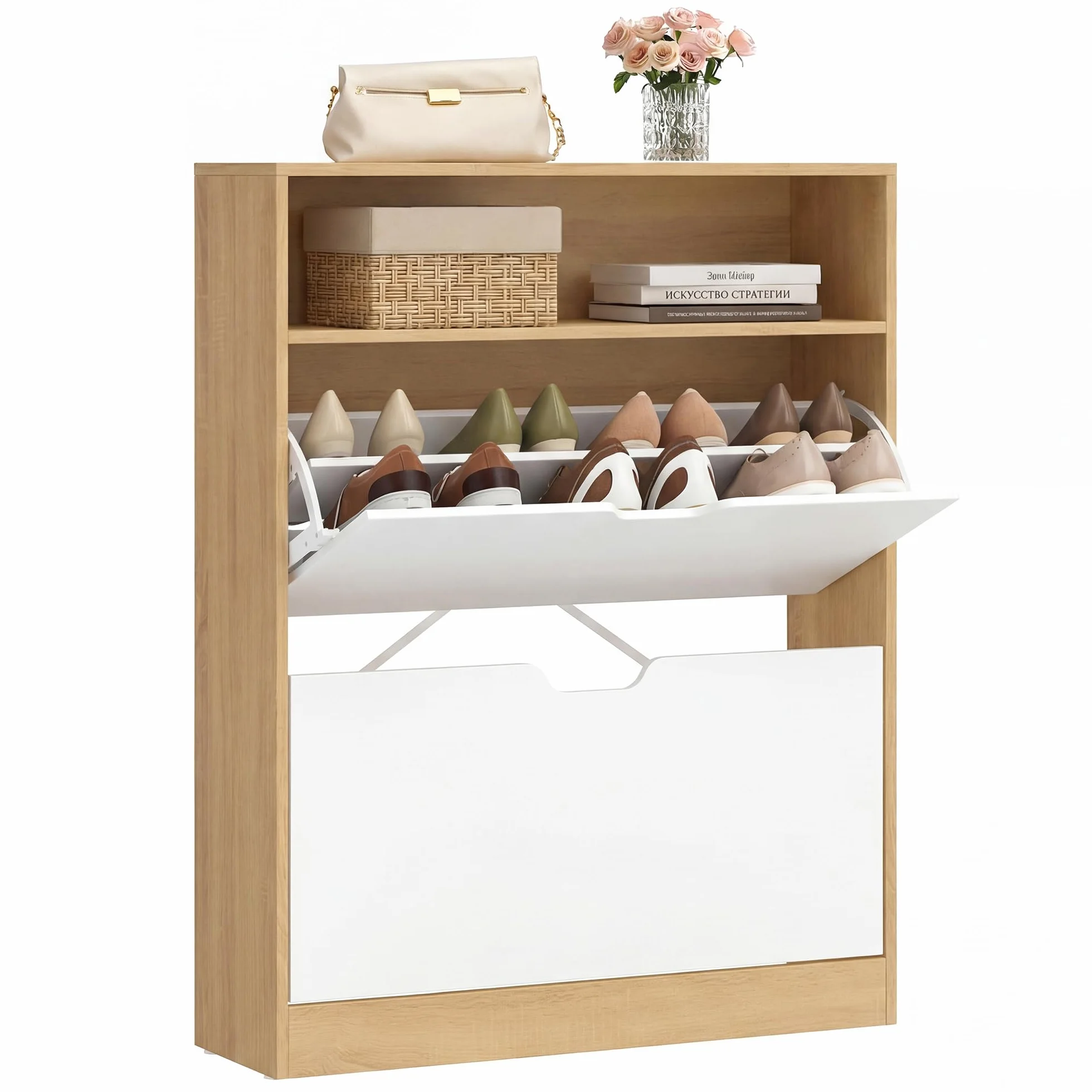 VASAGLE CUSTOS Collezione - Scarpiera, Scaffale Portascarpe, Scomparto Aperto, Divisorio Regolabile, Ingresso, 2 Ante a Ribalta, 24 x 80 x 102 cm, 14-16 Paia, Rovere Dorato e Bianco Nuvola LBC048YA02