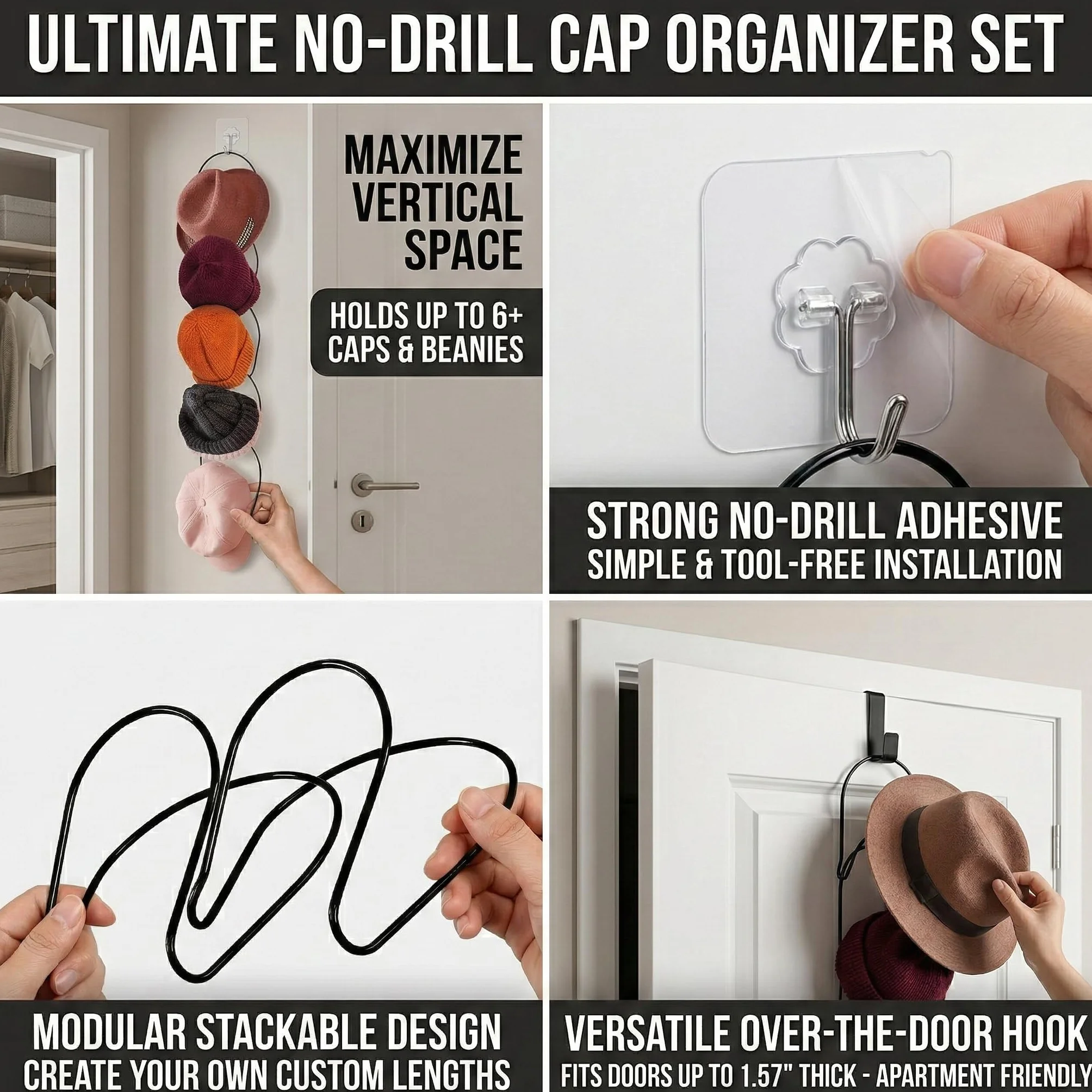 Supporti Porta Cappelli in Metallo da Appendere, Organizer per Porta e Parete, Salvaspazio per Berretti, Sciarpe, Borse
