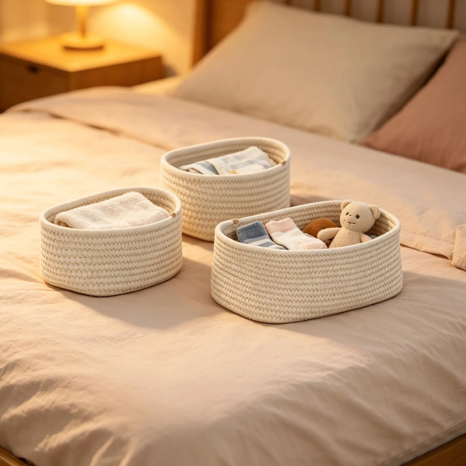 Cozary Cestini Portaoggetti Intrecciato Impilabile Scatola Immagazzinaggio Corda Cotone Organizer 3 Pezzi