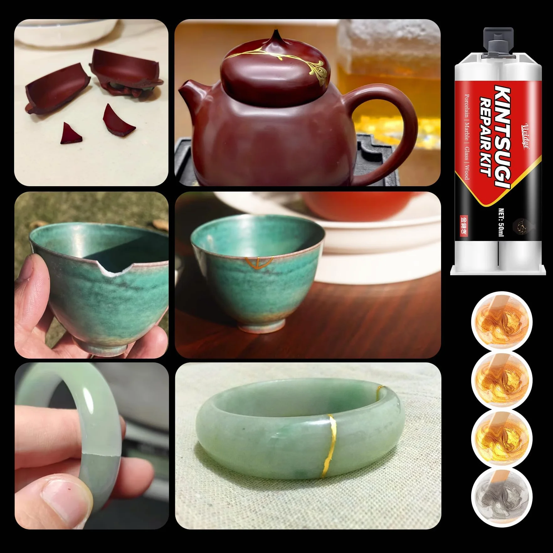 Kit di Riparazione Kintsugi 50ml - Colla Ceramica Abbinata a Polvere Dorata e Argentata per Ciotole e Vasi, Sicurezza della lavastoviglie kit kintsugi per Riparazione Perfetta di Oggetti Significativi