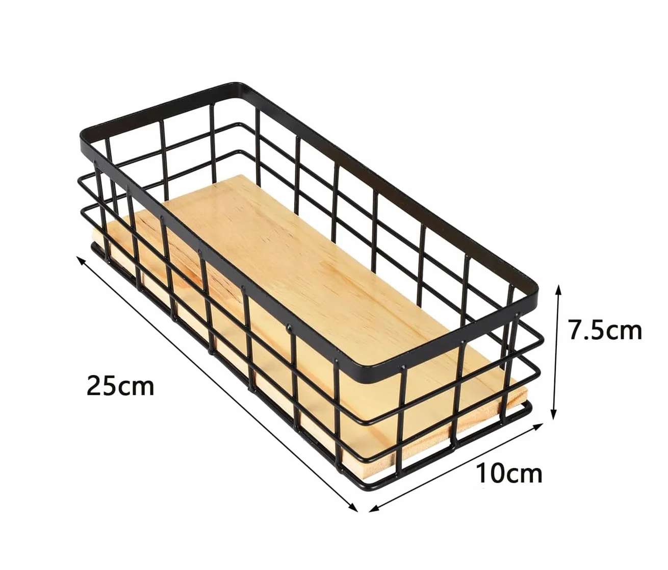 Cesto metallico nero, cestino decorativo da parete in metallo, per il bagno, in metallo, base in legno per frutta, snack e cucina, dispensa (1 pezzo)