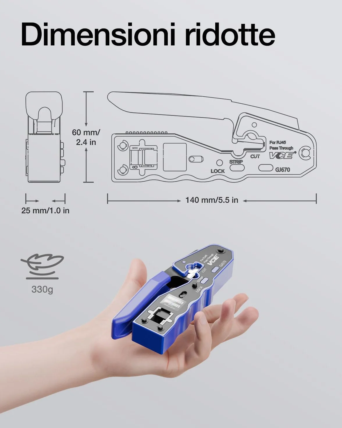 VCE Pinza Crimpatrice RJ45 Passante, Multifunzione 3-in-1 (Taglio, Spelatura, Crimpatura), Compatta, per Connettori Ethernet 8P, Blu