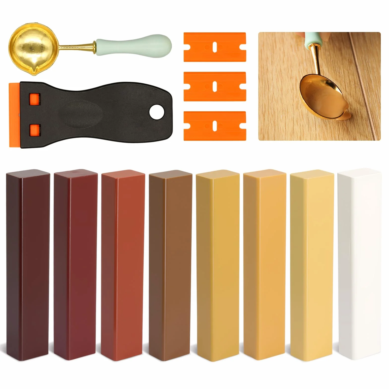 Kit Riparazione Legno 8 Colori Marrone, Stucco per Legno, Stucco per Legno Riempitivo, Cera per Legno, Stucco Parquet, Cera Legno per Riparare Graffi, Crepe e Fori su Laminato e Legno