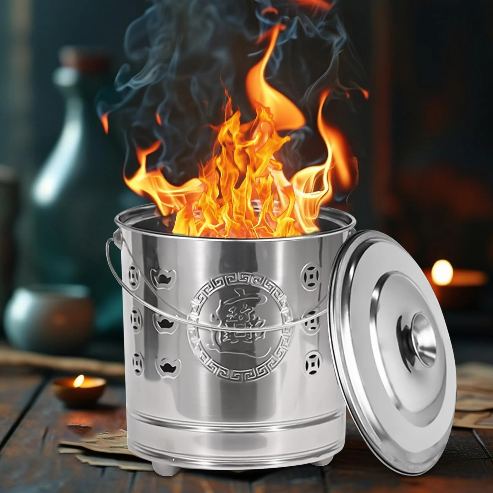Bidone di carta – Gabbia portatile in acciaio inox con coperchio, gancio antincendio e rivestimento di sicurezza, focolare per cortile, giardino, terrazza, campeggio e