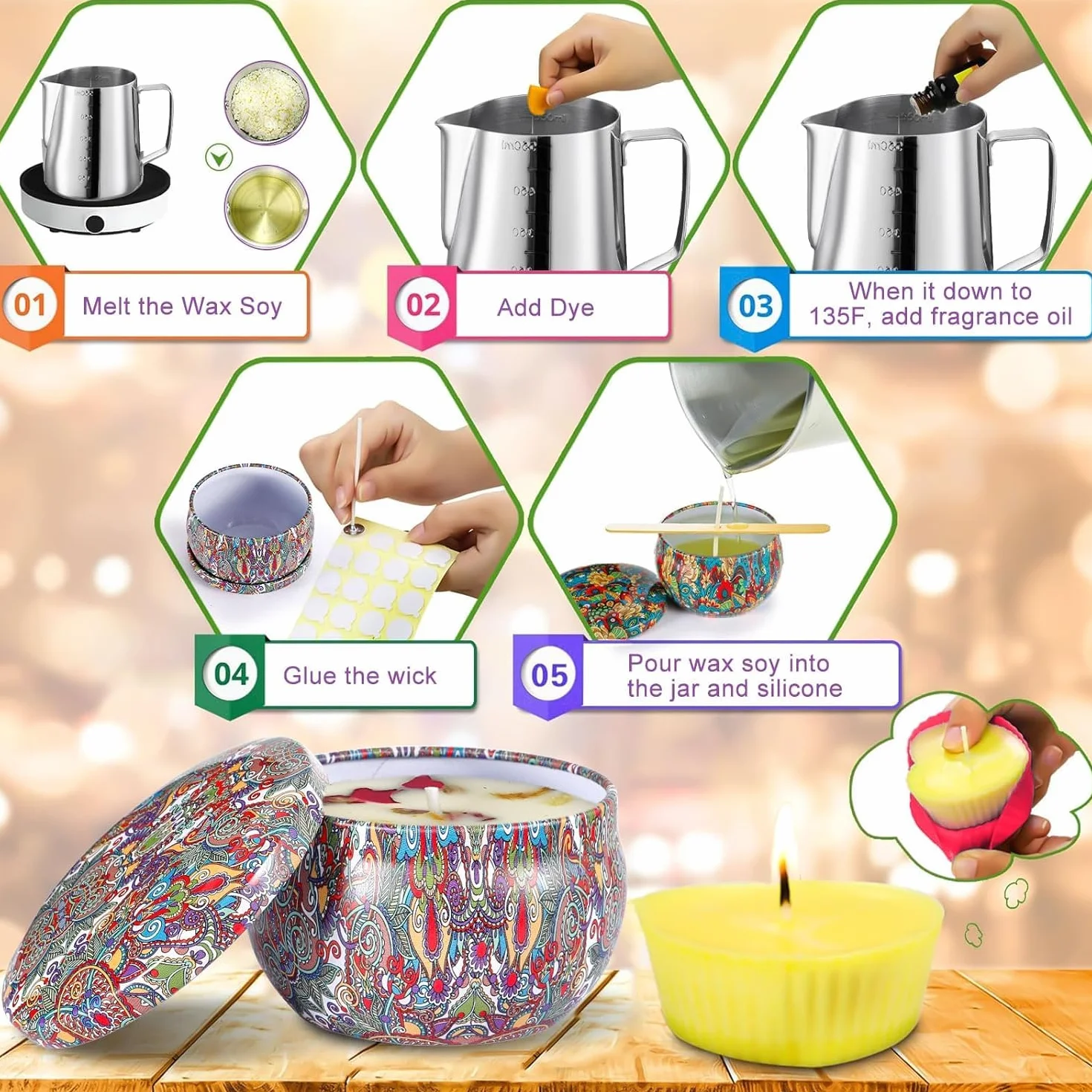 NCKIHRKK Kit per Fabbricazione Candele,Kit per Candele Fai da Te,Kit per Fusione Cera per Principianti DIY Set Regalo con Cera di Soia,8 Candele Barattoli,8 Coloranti,3 Stampo in Silicone,30 Stoppini
