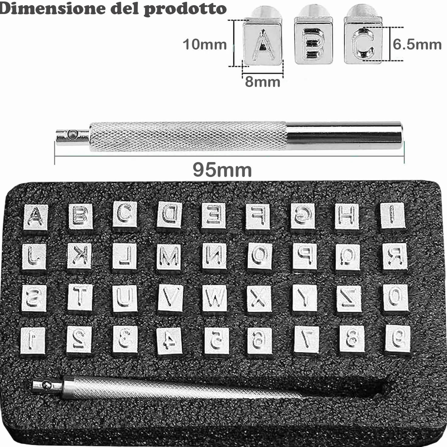 37 Pezzi Timbro per Pelle Timbro in Rilievo Punzoni per Metallo 6,5mm Timbri Alfabeto A-Z e Numero 0-9 Timbri in Metallo Punzoni Numerici per Metallo con Maniglie per DIY Artigianato in Pelle