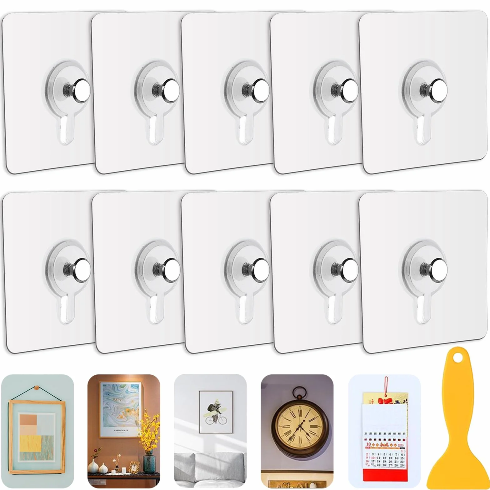 10 Pezzi Ganci Adesivi per Quadri, Appendi Quadri Senza Chiodi, Chiodi Adesivi per Quadri Muro, Trasparenti Adesivi Ganci per Quadri, Foto, Pittura, Orologio, No Foratura