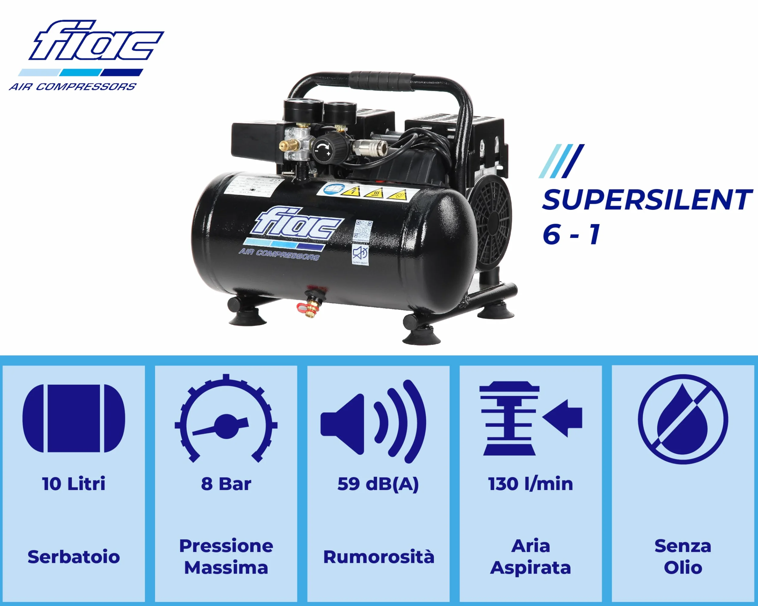 FIAC Compressore d'Aria Portatile Silenzioso SUPERSILENT 6, Oil Free, Pressione Massima 8 Bar, 1 Hp, Serbatoio 6 Litri, Rumorosità 58 dB LpA