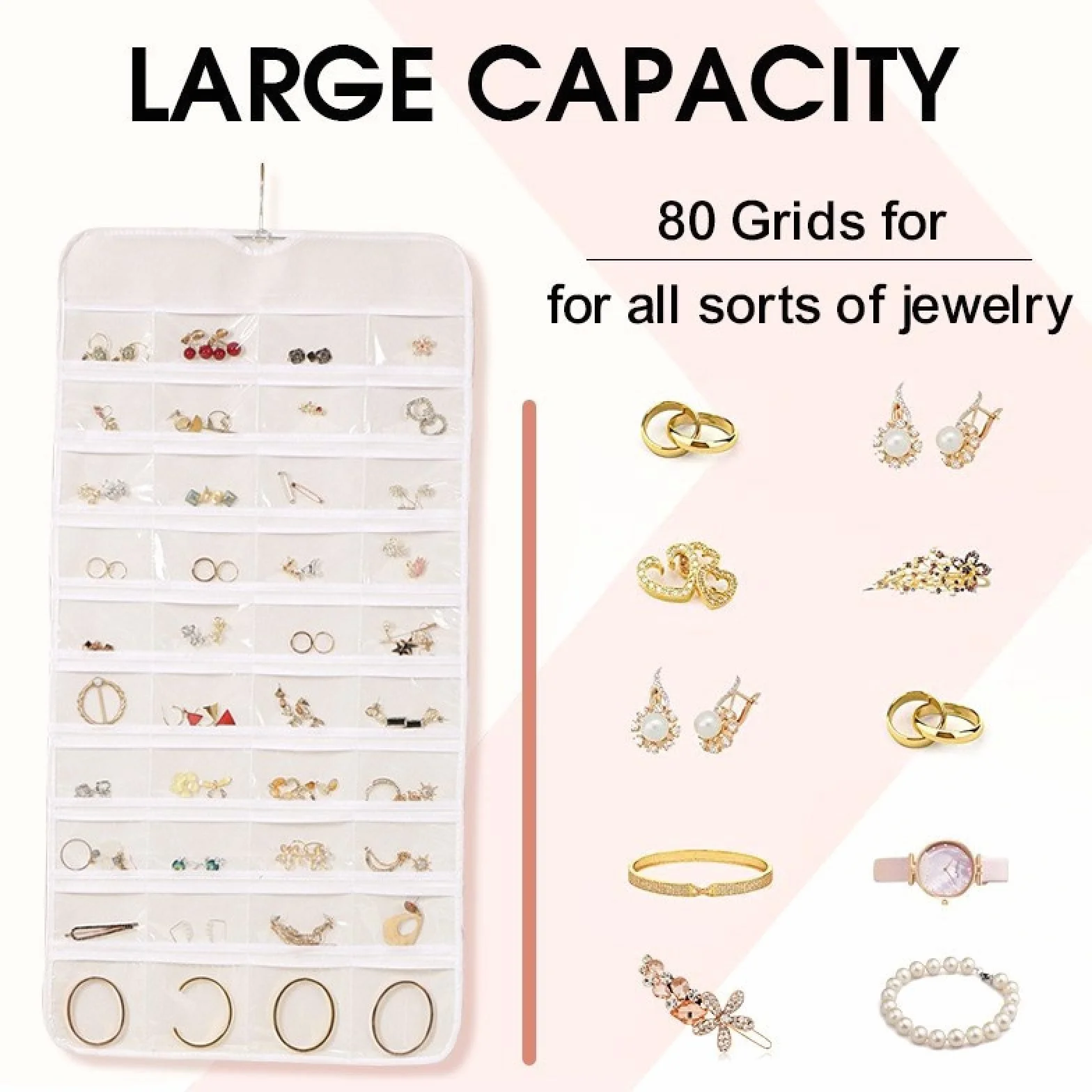 Hanging Jewelry Organizer Doppia Faccia con 48 Tasche Bianco per Armadio