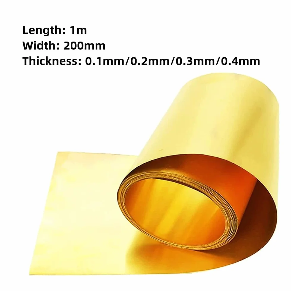 H62 - Rotolo di fogli di metallo in ottone, rotolo di fogli di ottone, per la lavorazione dei metalli fai da te, lunghezza 1 m, larghezza 200 mm, spessore (0,1 mm)