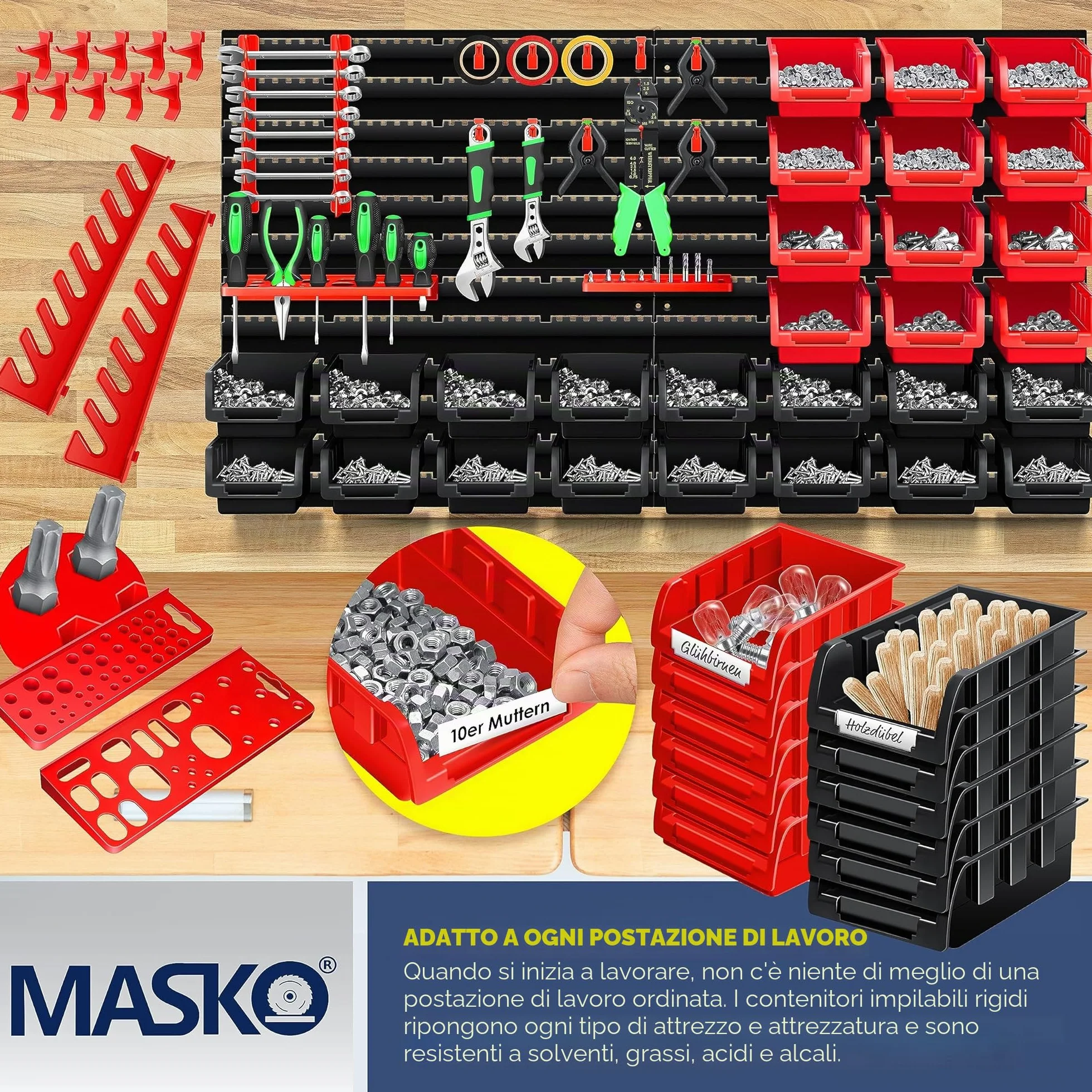 Masko® Scaffale da parete + Scatole impilabili + Portautensili, Espandibile, Scaffale da officina, Scatole portaoggetti visibili, 45 Parti - Nero/Rosso