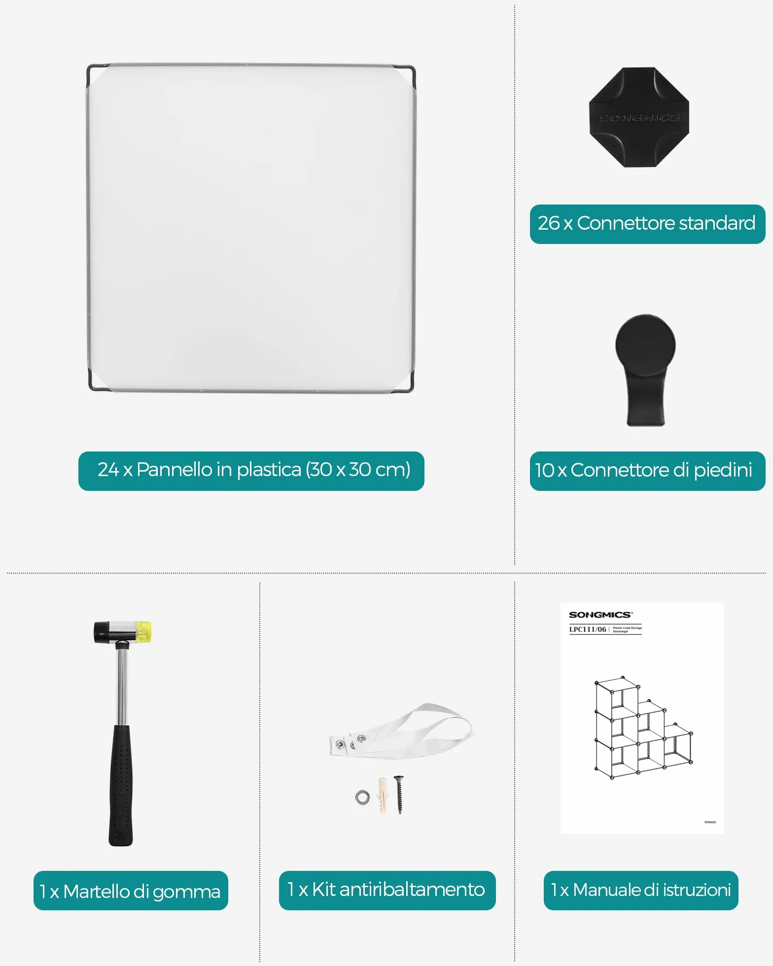SONGMICS Scaffale a 6 Cubi, Organizzatore Modulare, Portaoggetti in Plastica con Piedini, Scarpiera, Cubo 30 x 30 x 30 cm, Soggiorno, Camera da Letto, Martello di Gomma, Bianco LPC111S