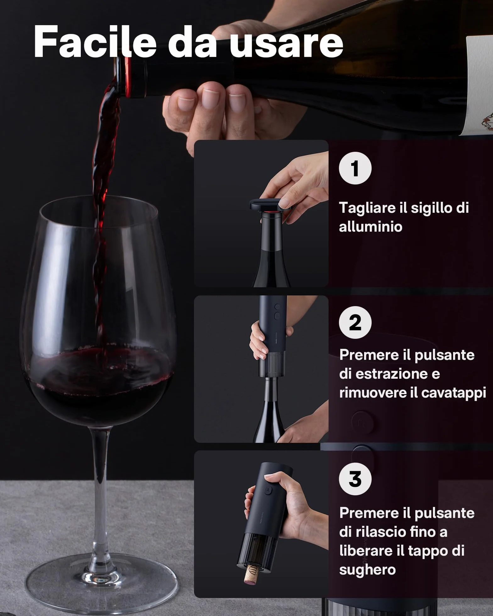 HOTO Cavatappi Elettrico, Apribottiglie elettrici, Tagliafoglie Nascosto, Avvio con Un Solo Pulsante Entro 10 Secondi, Batterie Sufficienti Può Aprire 170 Bottiglie,appuntamenti e amanti del vino