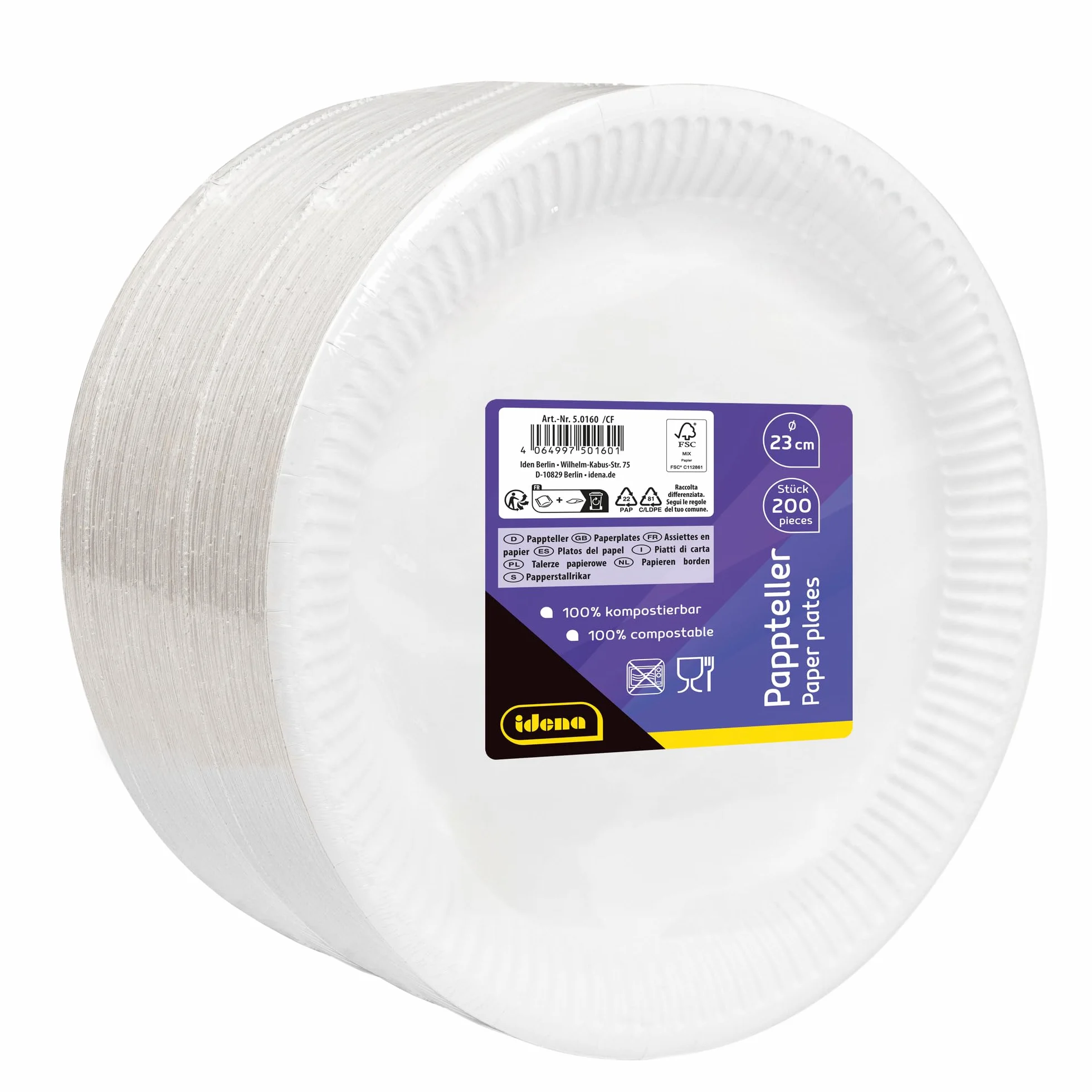 Idena Piatto Party Bianco 200 Pezzi 23 cm Certificato FSC Piatto di Carta 100% compostabile
