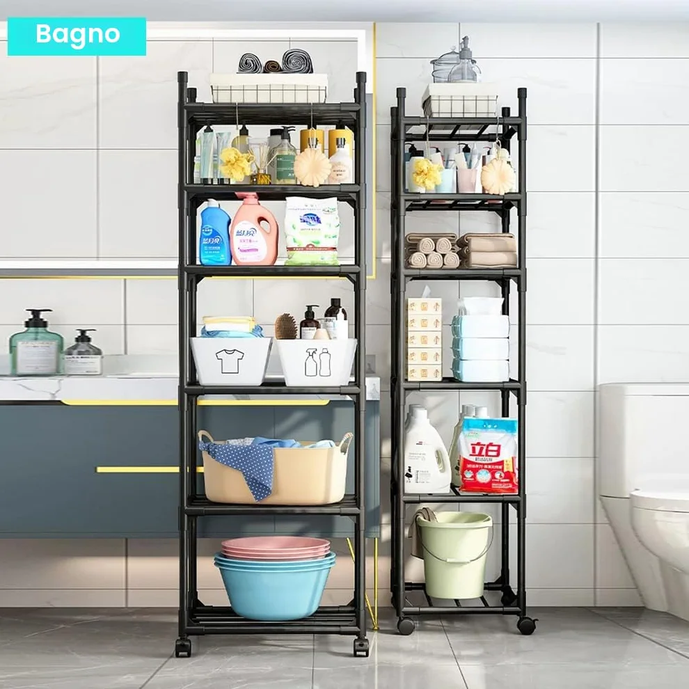 Scaffale a 6 ripiani alto e stretto, 42 x 32 x 165 cm, nero, con ruote e piedini antiscivolo, scaffalatura regolabile e rack portaoggetti per garage, bagno, cucina, angolo