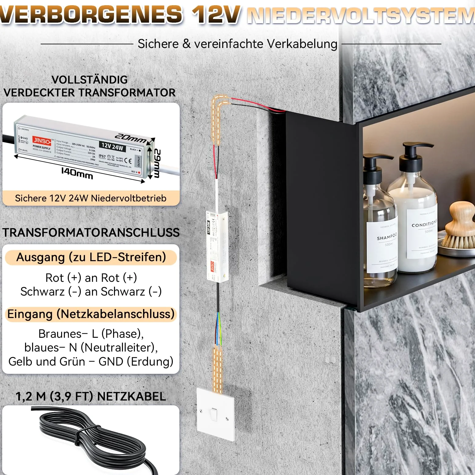 Doccia da parete, 60 x 30 cm, in acciaio inox 304, con illuminazione a LED e trasformatore, impermeabile, mensola singola per bagno e decorazione