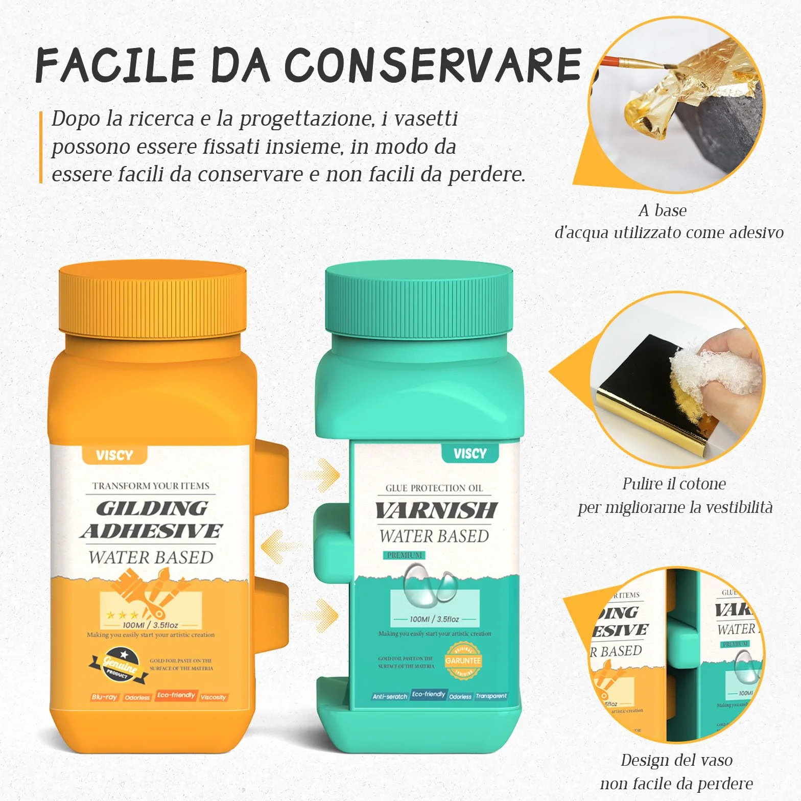 Adesivo per Foglia d'Oro, 100 ml di Colla, 100 ml di Vernice, 100 Pezzi di Foglia d'Oro, 2 Pennelli, Cotone per Pulire, per Arte, Artigianato e Pittura