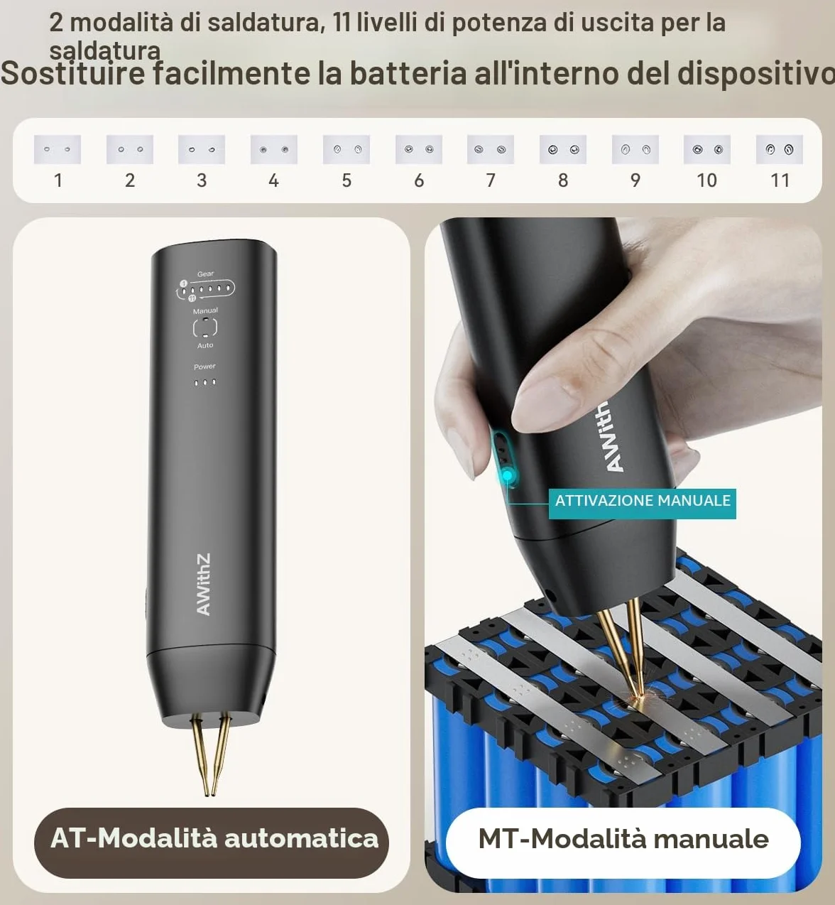 Saldatrice a Punti per Batterie,AWithZ Saldatrice a Punti H1,con aghi di ricambio,11 ingranaggi regolabili, modalità automatica e manuale per batteria 18650, saldatura di fogli di nichel-platino