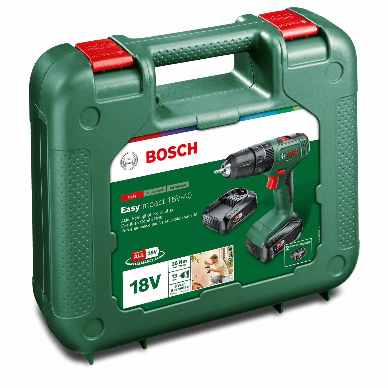 Bosch Home and Garden, Trapano con Percussione a Batteria EasyImpact 18 V-40 (2 Batterie da 2.0 Ah, Sistema 18 Volt, in Custodia per il Trasporto), Easyimpact 18 V-40, Mandrino 13mm