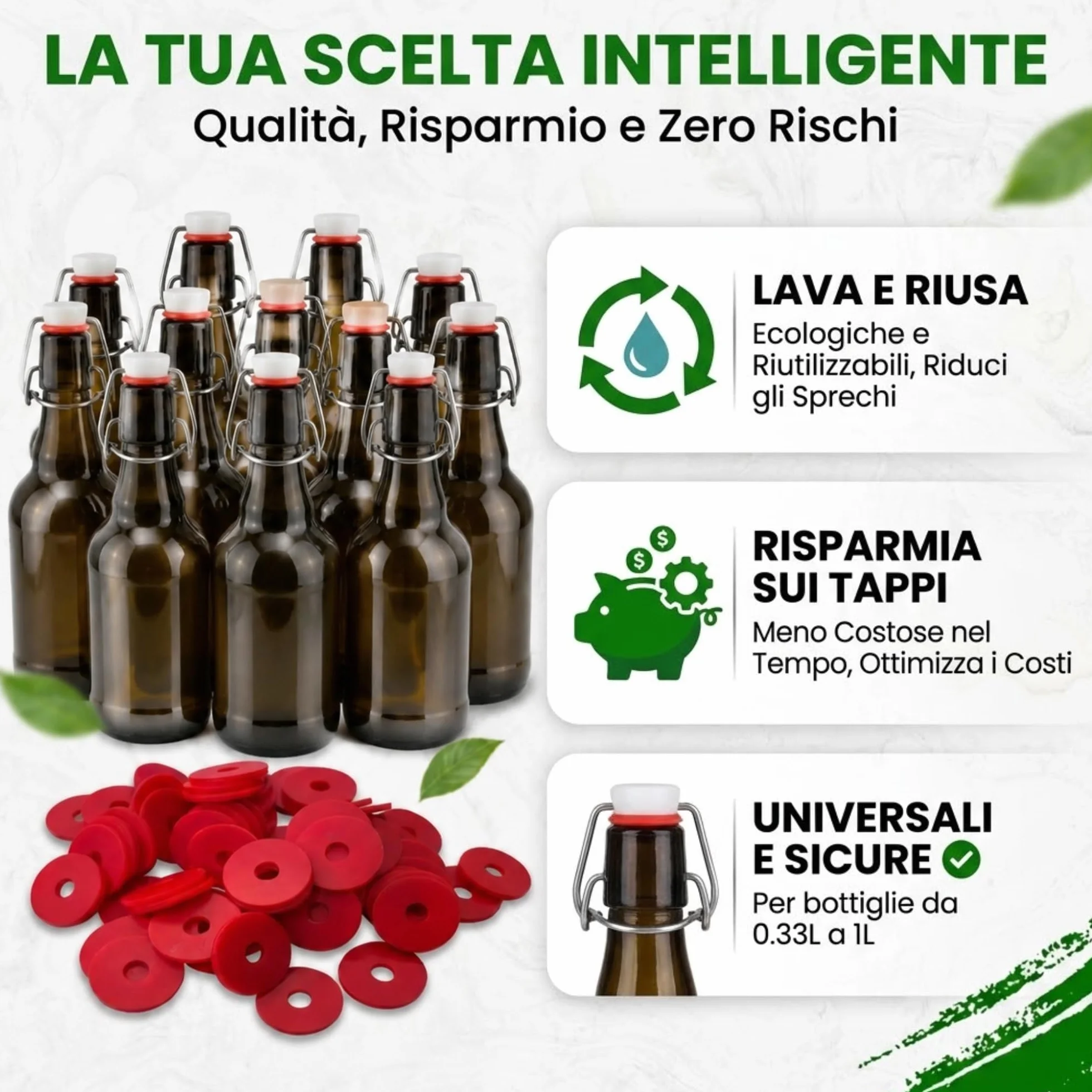 Guarnizioni per Bottiglie di Vetro in Gomma Universali Vigormat - 50 Pezzi Made in Italy