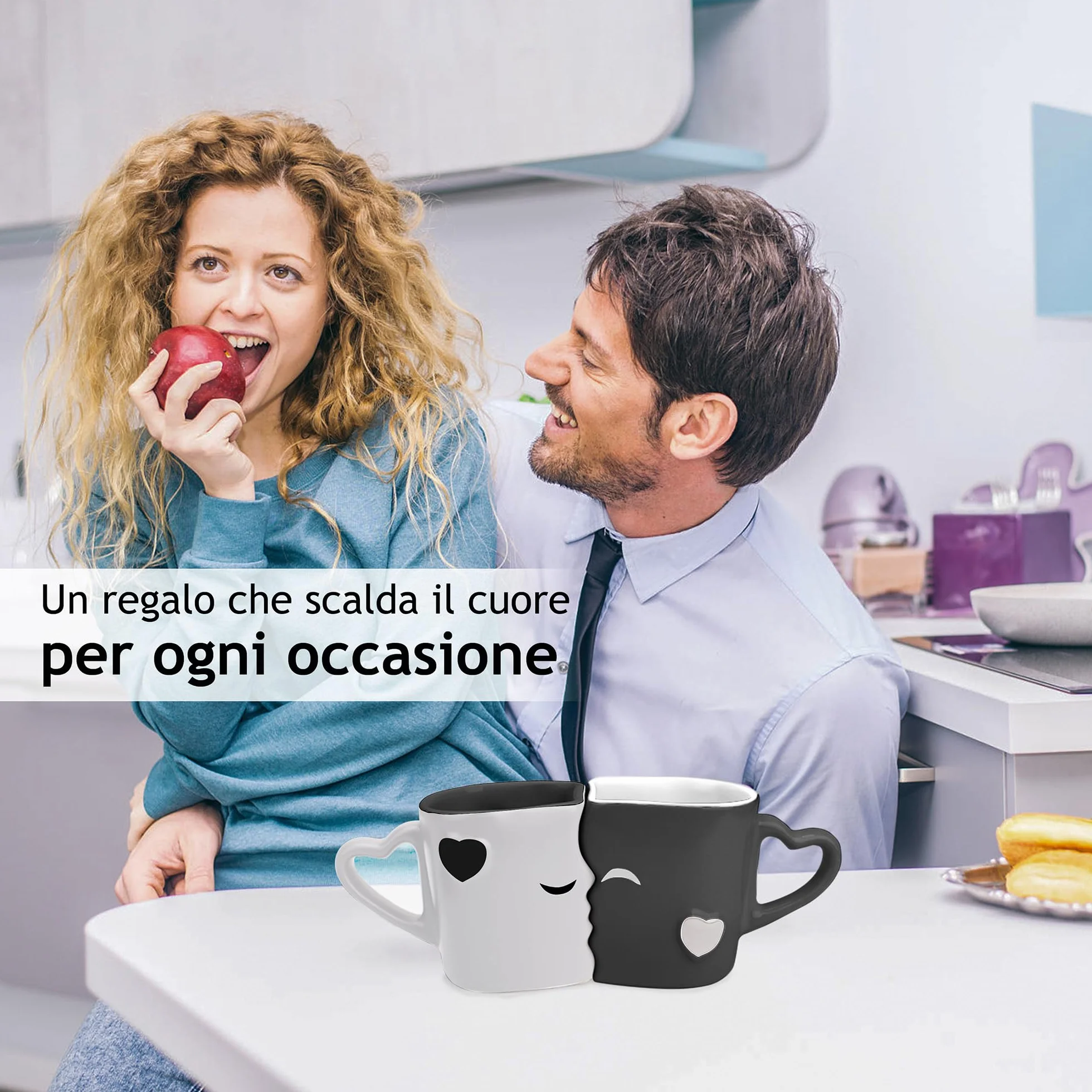 MIAMIO Kissing Mugs, Ceramica Tazze Caffè, Design Bacio, Confezione Regalo (Nero)