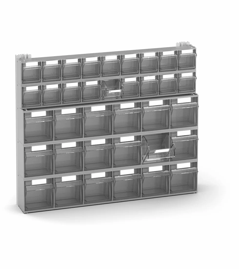 Fami - Pannello Porta Minuteria da Muro per Garage e Officina, 36 Cassetti Trasparenti Visual Box di Due Dimensioni, 5 Cassettiere Modulabili, Scaffale Porta Viti, Dimensioni: 60,2 x 11,4 x 50 cm