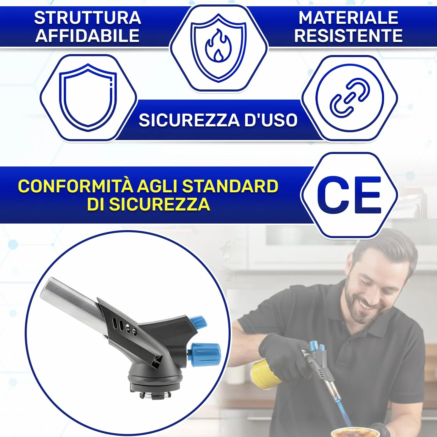 Cannello a Gas Portatile Professionale 1,0 kW 1300°C con Accensione Piezoelettrica e Attacco Tipo TWIST - Bruciatore a Gas Butano Adatto per Saldatura e Come Cannello da Cucina - MONTERAL