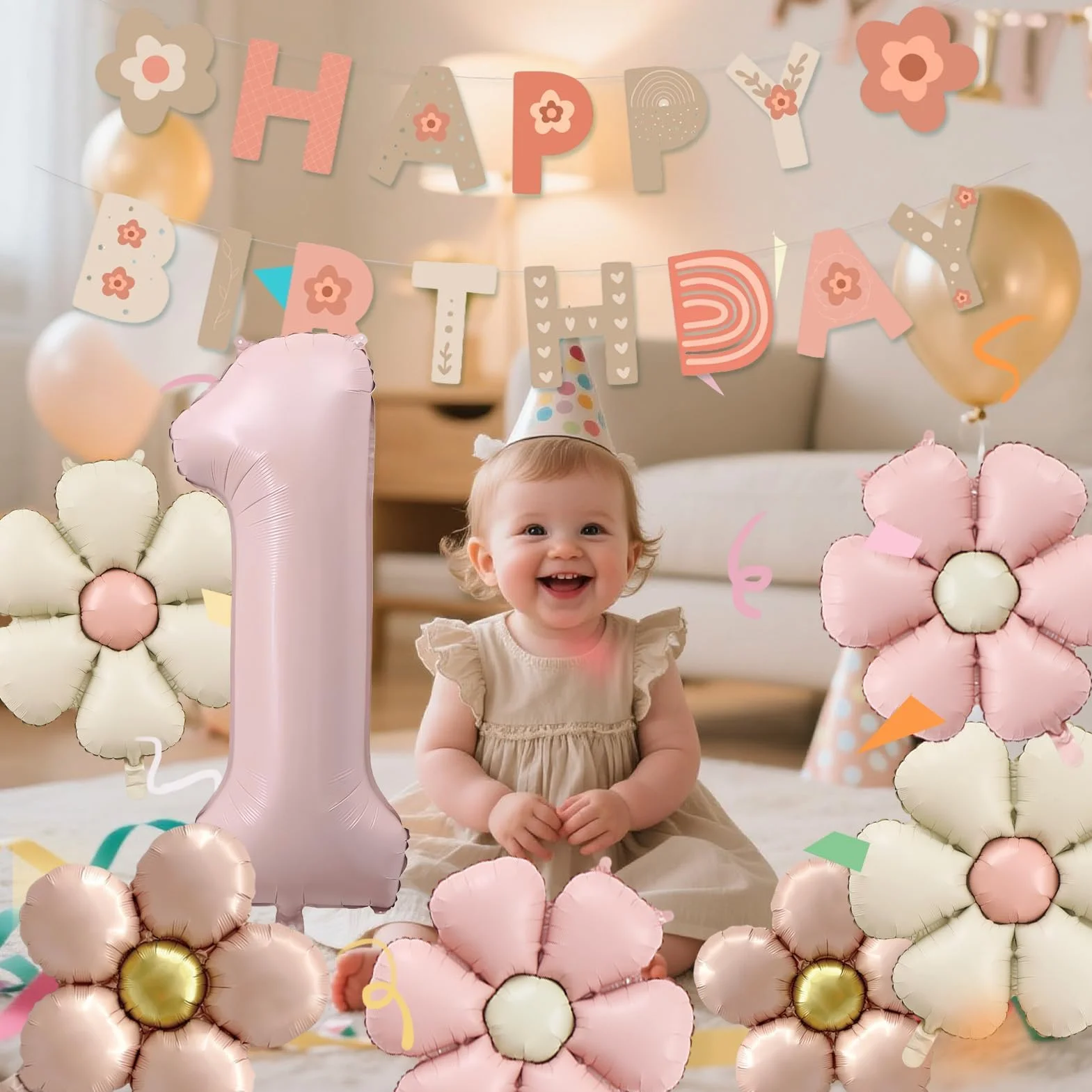 8 Pezzi Palloncini Compleanno 1 Anno Bimba, Palloncino Foil Margherita, Palloncini a Forma di Fiore, Decorazioni Compleanno 1 Anno, per Tema Feste compleanno Decorazioni