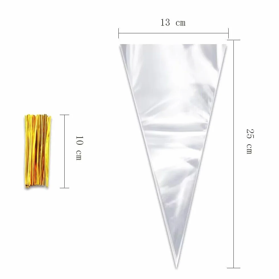 Sacchetti di Cellophane Caramelle 100 Pezzi 13x25cm Triangolo Buste Trasparenti in Cellophan per Confetti Sacchetti di Cono Plastica con 100 Cintura Attorcigliata Dorata per Nozze Compleanno Natale