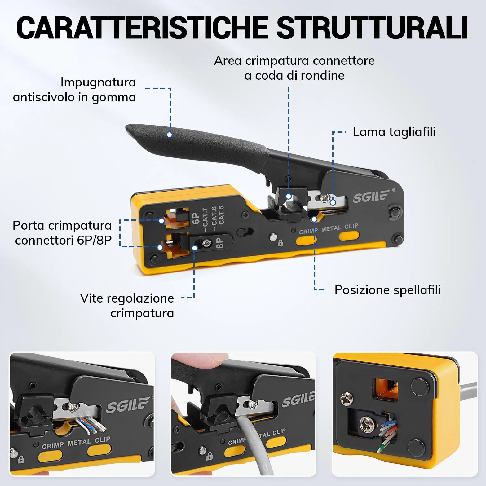 SGILE Kit di Attrezzi per Rete, Pass Through RJ45, Pinza Crimpatrice per Cat5, Cat6, Cat7, Pinza Spellafili, Tester di Rete, Universale RJ45/RJ11/RJ12, Include 25 Connettori CAT6 e 25 Connettori CAT7