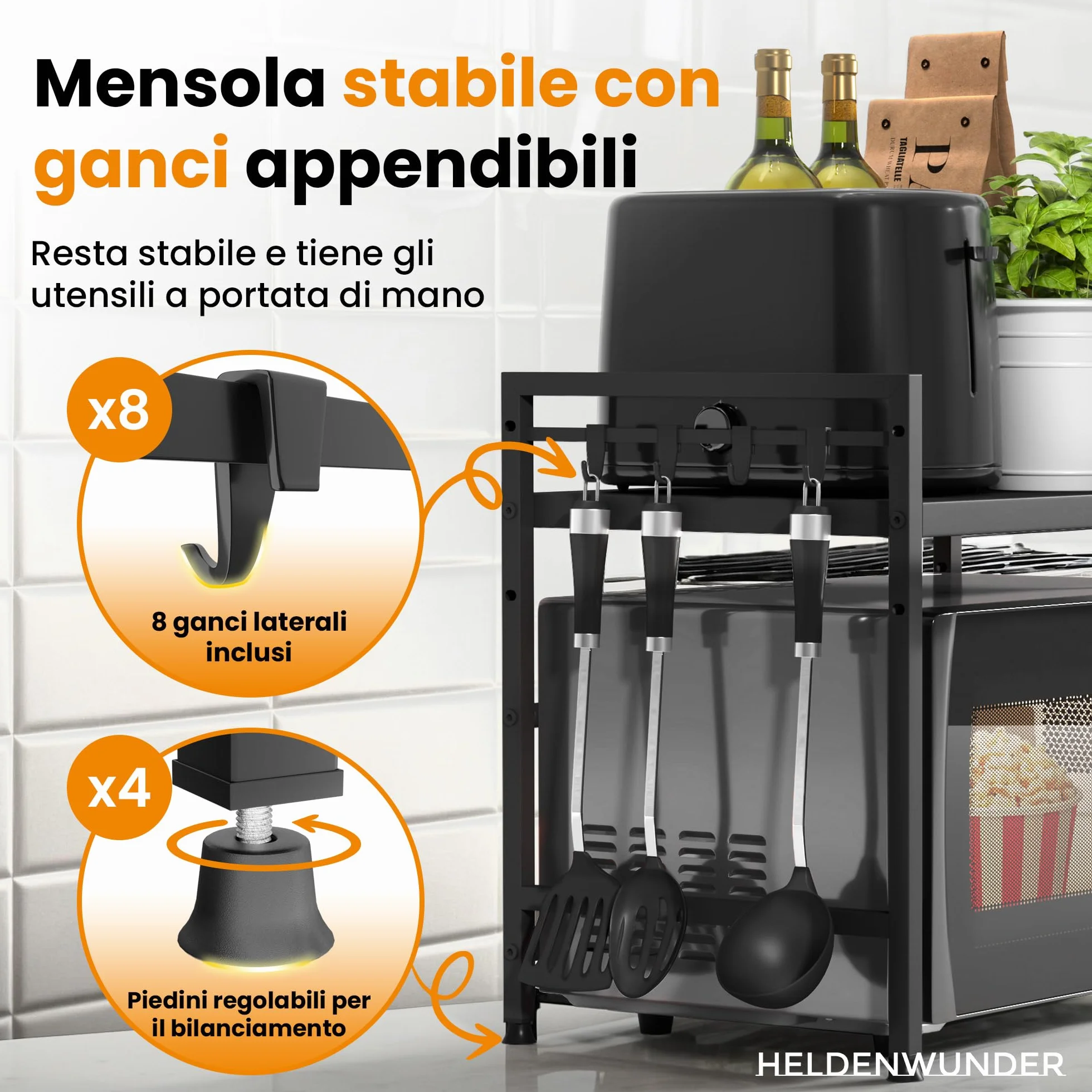 Heldenwunder Mensola MobileCucina Salvaspazio Acciaio (2 Ripiani) | Organizer Forno Mobiletto Scaffali | Supporto Microonde Regolabile + Video Guida, Ganci – Nero