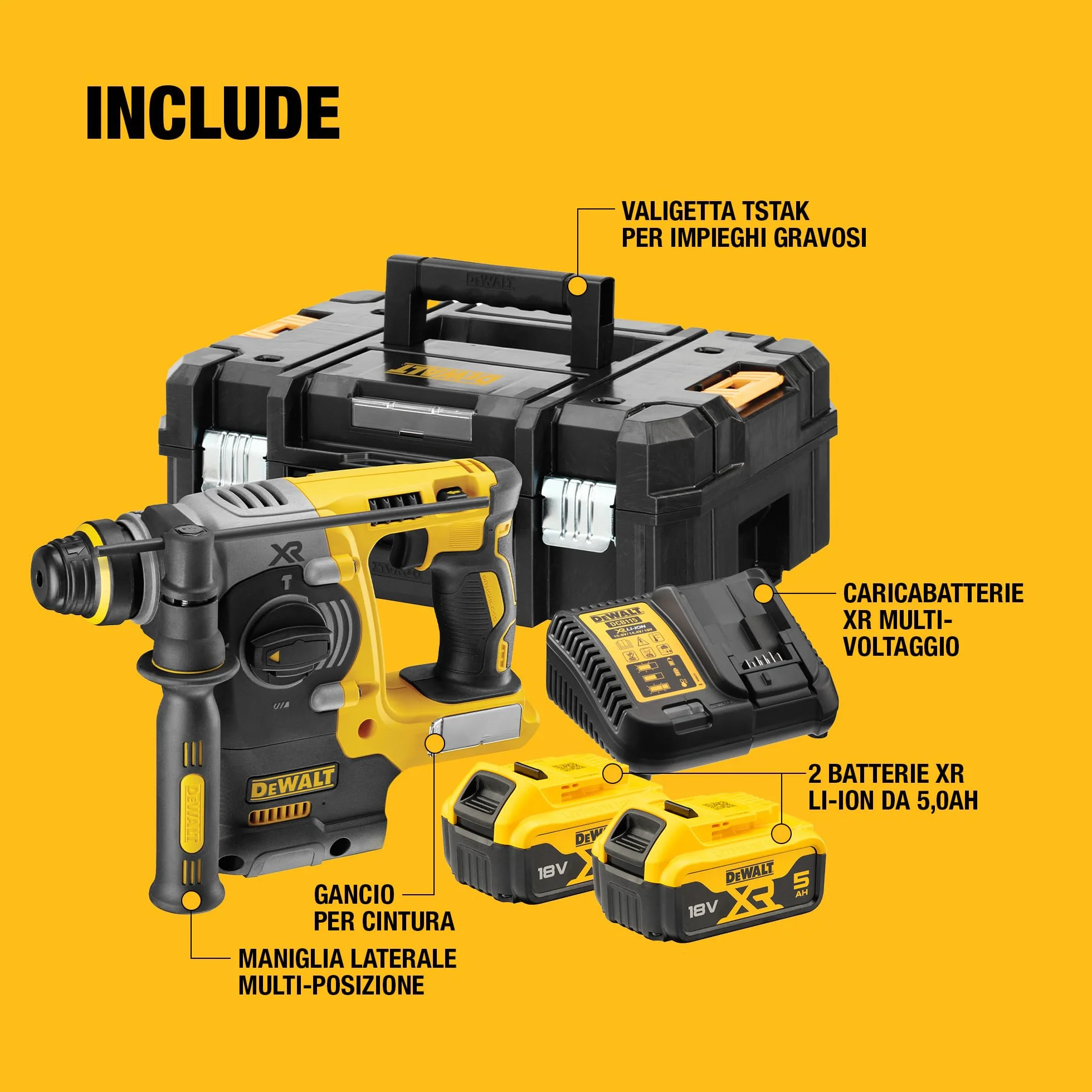 DEWALT 18V XR Trapano a Percussione Brushless 24mm SDS-Plus con 2 batterie da 5Ah, Caricabatterie Multi-Voltaggio XR e Kitbox TSTAK Heavy Duty, DCH273P2T-QW