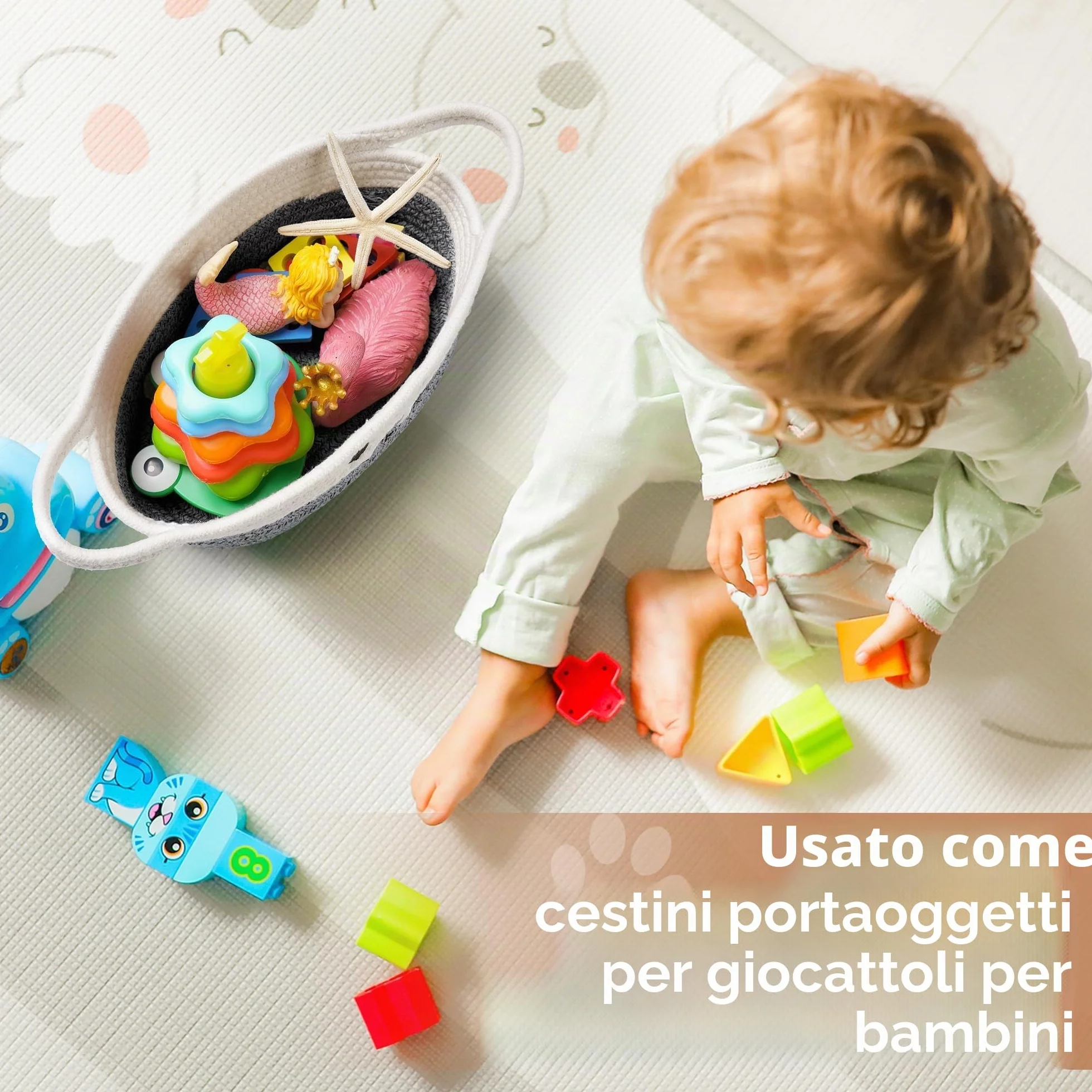 Cesto portaoggetti intrecciato in corda di cotone con manici – Cesto porta-giocattoli per bambini, Cestini portaoggetti per la cameretta dei bambini – Organizzatore di giocattoli per animali domestici