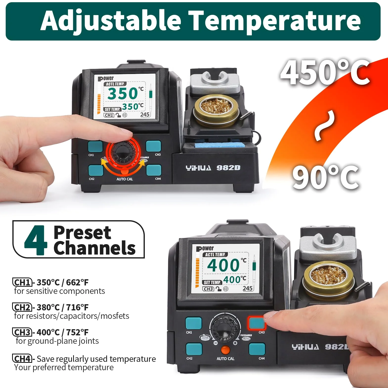 YIHUA 982D Stazione Saldante di Precisione con saldatore a stagno Punte C210 e C245, Filo di Saldatura Senza Piombo, Impugnatura Compatibile con C210 & C245, Calibrazione Automatica della Temperatura