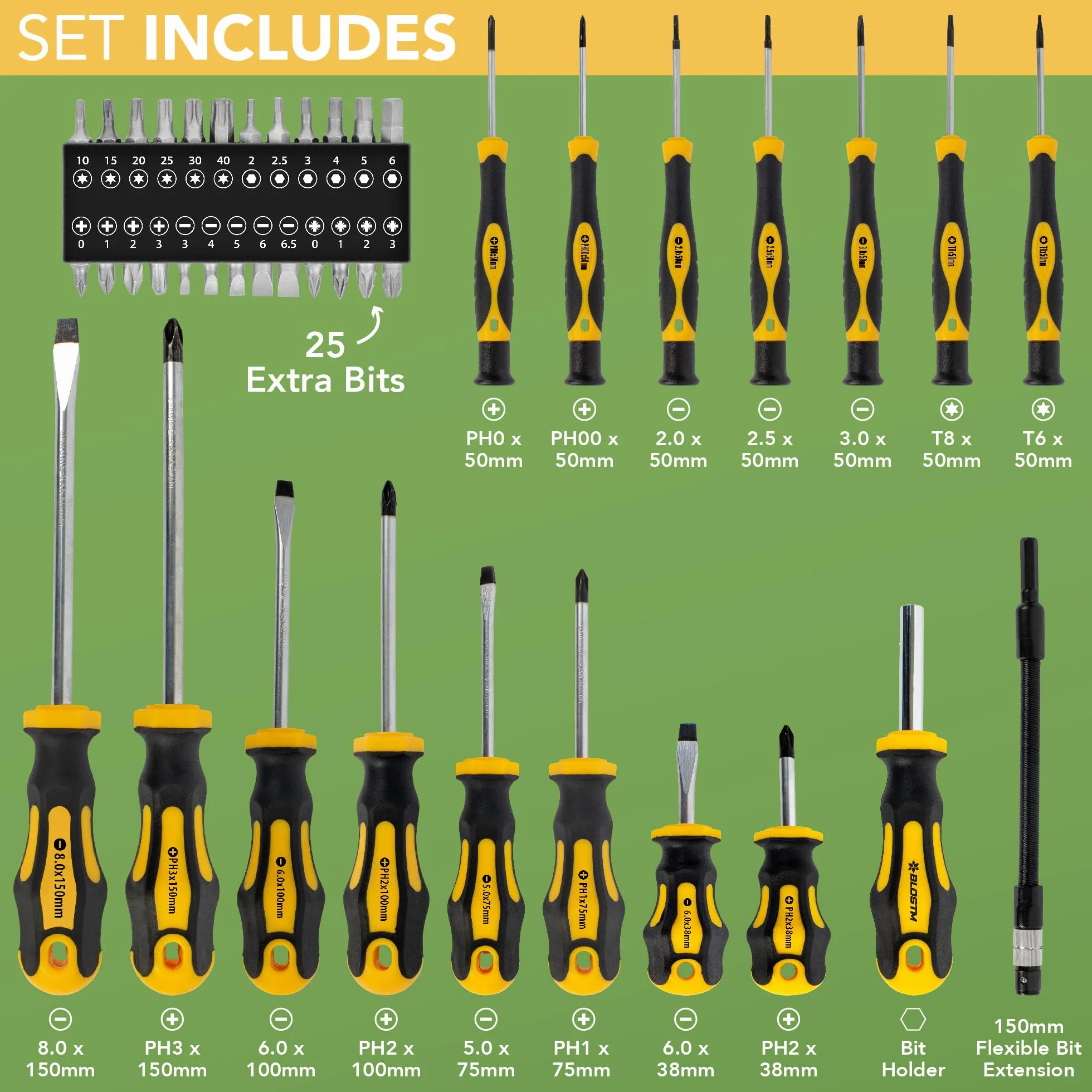 BLOSTM Set Cacciaviti Professionali - 42pcs Magnetico con Comoda Impugnatura, Teste per Cacciavite a Croce, Teste Piatte e Custodia Resistente - Giraviti di Precisione