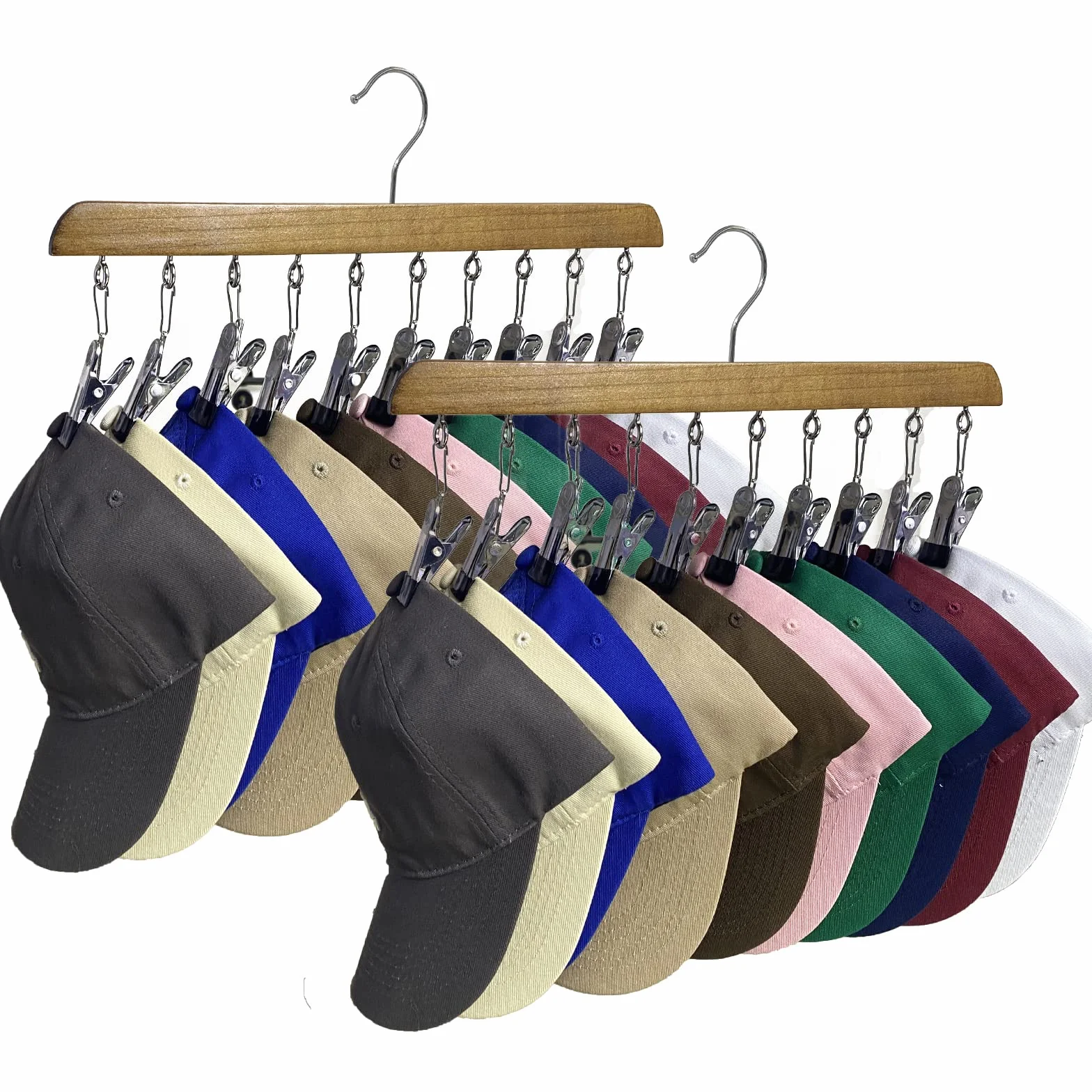 Set di 2 organizzatori per cappelli in legno per armadietto, portacappelli per cappellini da baseball, con 10 clip regolabili in acciaio inox, per cappellini da baseball, adatto a tutti
