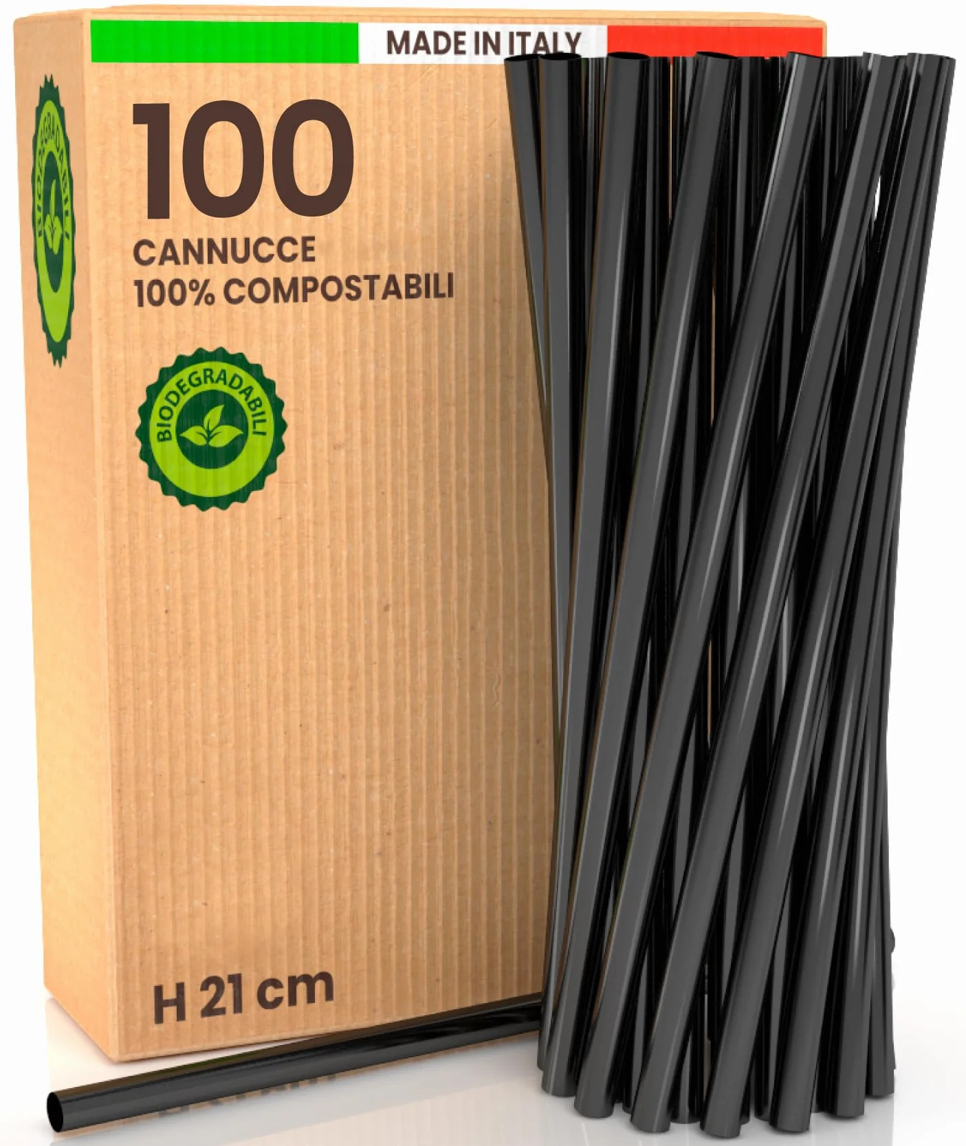 Cannucce Rigide Riutilizzabili 100% Ecologiche Compostabili - Nero 21cm x 6,8mm - Made in Italy