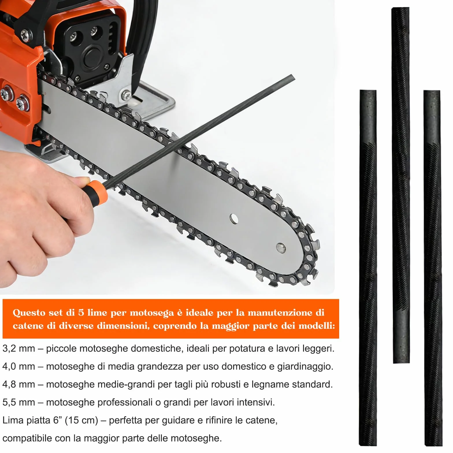 Set 5 Lime per Motosega – 4 Lima per Catena Motosega (3,2/4,0/4,8/5,5 mm) + Lima Piatta 6” (15 cm) – Kit Affilatura Catena, Affilacatena Manuale Fai da Te