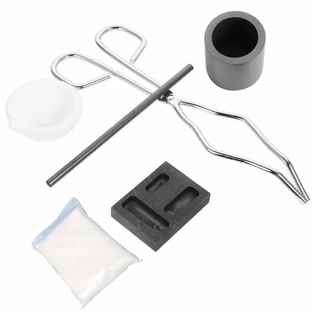 Kit di fusione per torcia, 6 pezzi, per raffinazione e creazione di gioielli in oro e argento, include barra, stampo per lingotti in grafite 3 in 1, crogiolo al quarzo, grafite cilindrica