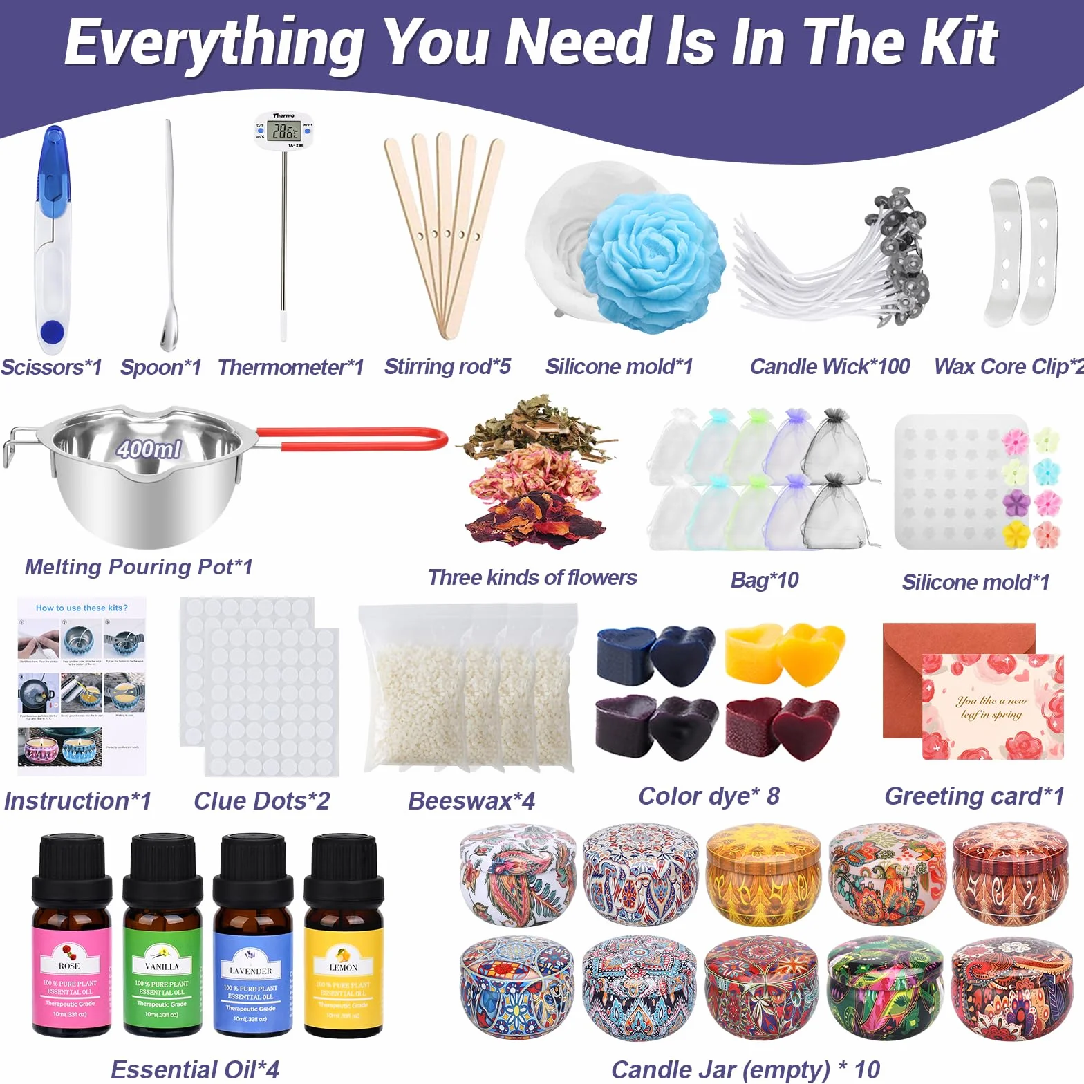 IGUGI Set di candele fai da te, set di candele profumate fai da te, 10 barattoli per candele, set di accessori per la produzione di candele fai da te