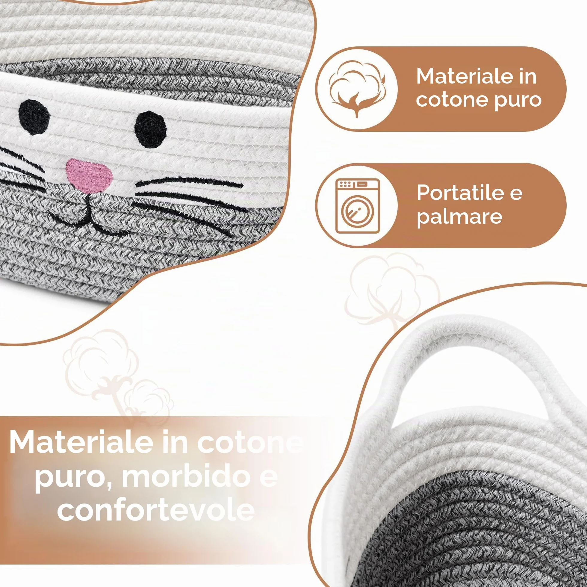 Cesto portaoggetti intrecciato in corda di cotone con manici – Cesto porta-giocattoli per bambini, Cestini portaoggetti per la cameretta dei bambini – Organizzatore di giocattoli per animali domestici