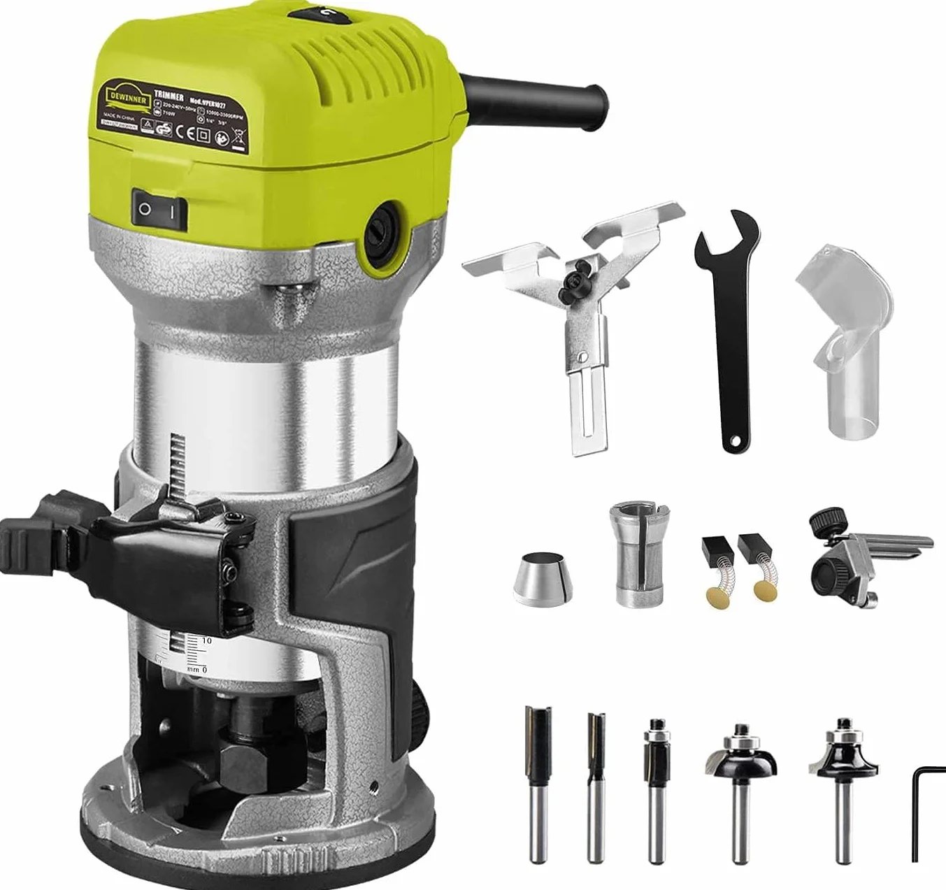 Fresatrice Rifilatore, DEWINNER Router di legno elettrico 710W 13000-33000 giri/min, 6 velocità variabili, 3 pinze da 1/4'', 6mm e 8mm, laminatore professionale con accessori